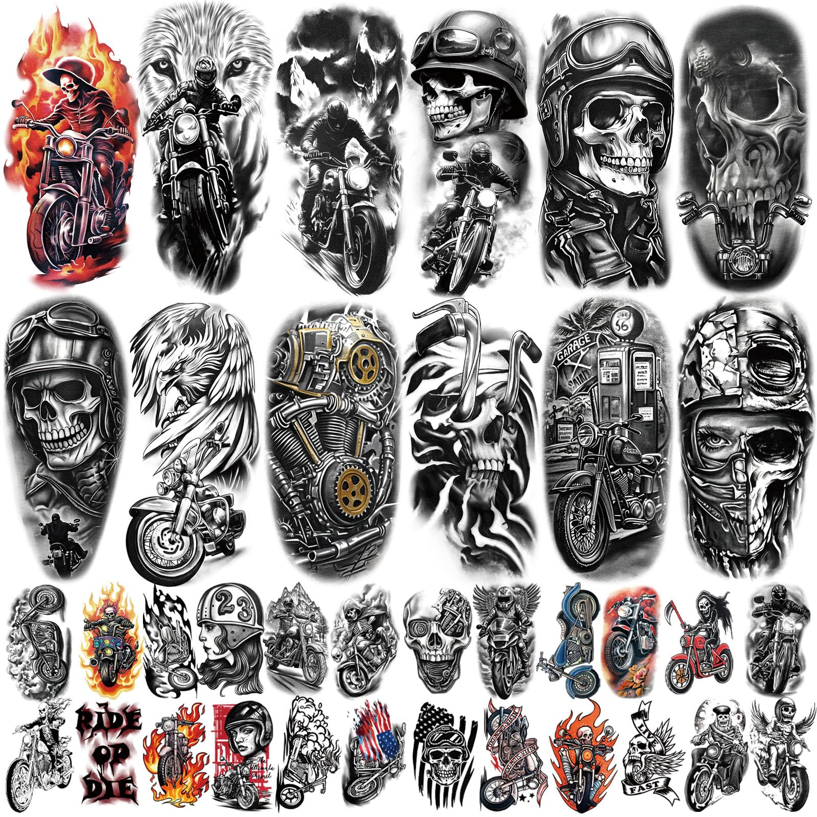 77 Sheets Motorcycle Temporary Tattoo for Women Men, 17 Sheets Half Arm Large Wing Skull Flowers Fake Tattoos, 60 Sheets Black Tiny for Adult Kids