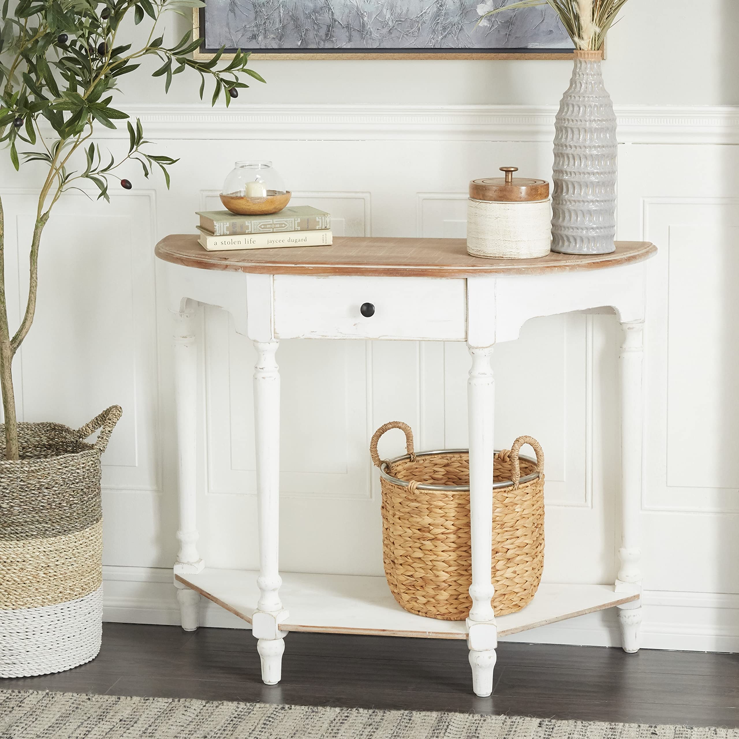 White Distressed Wood Country Farmhouse Half Moon Console Table Round Painted