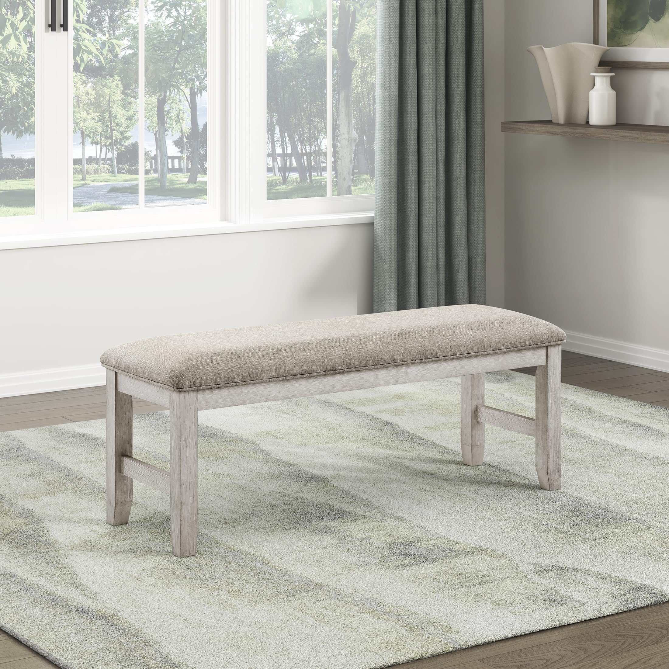Lexicon Dining Bench, Wood Frame Gray Fabric Padded Seat, Antique White | Entryway Bench, Light Gray Textured Fabric Upholstered Dining Seat for Kitchen/Living Room