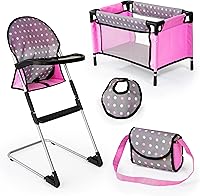BayerDesign Doll High Chair & Crib Set, Grey Pink Dots - Safe Feeding, Role-Play Accessories for 18" Dolls