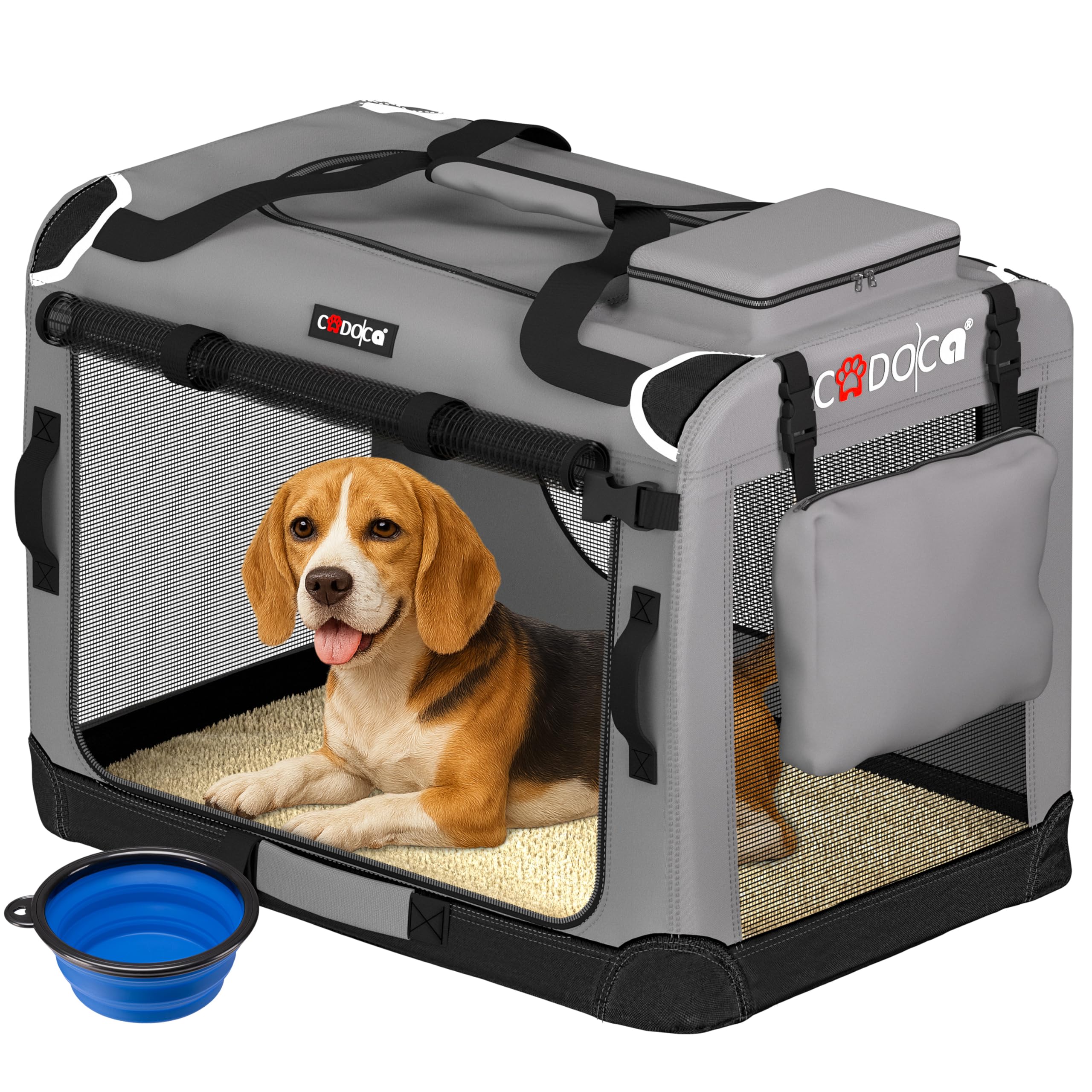 CADOCA® Foldable Dog Crate - Large Portable Soft Fabric Pet Carrier for Puppy, Dog, Cat & Kitten Breathable Cat Carrier, Travel Crate for Dog Bed, Car, Home, Vet & Holiday Use - Light Grey 70x52x52cm