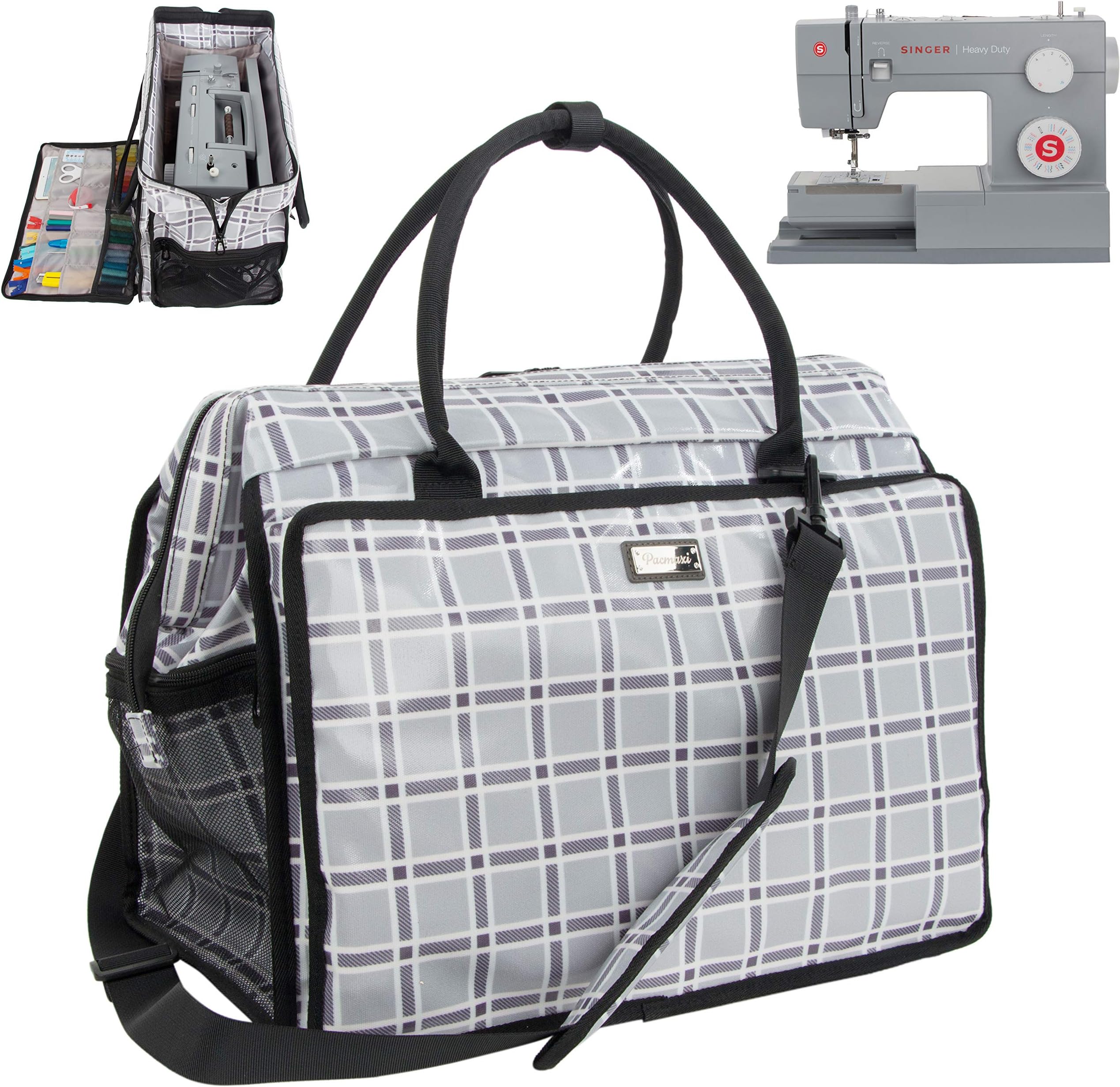 Sewing Machine Carrying Case, Universal Tote Bag with Shoulder Strap for Most Standard Sewing Machine, Sewing Machine Bag with Back Webbing Strap to Fit on Luggage for Traveling (Grid Pattern)