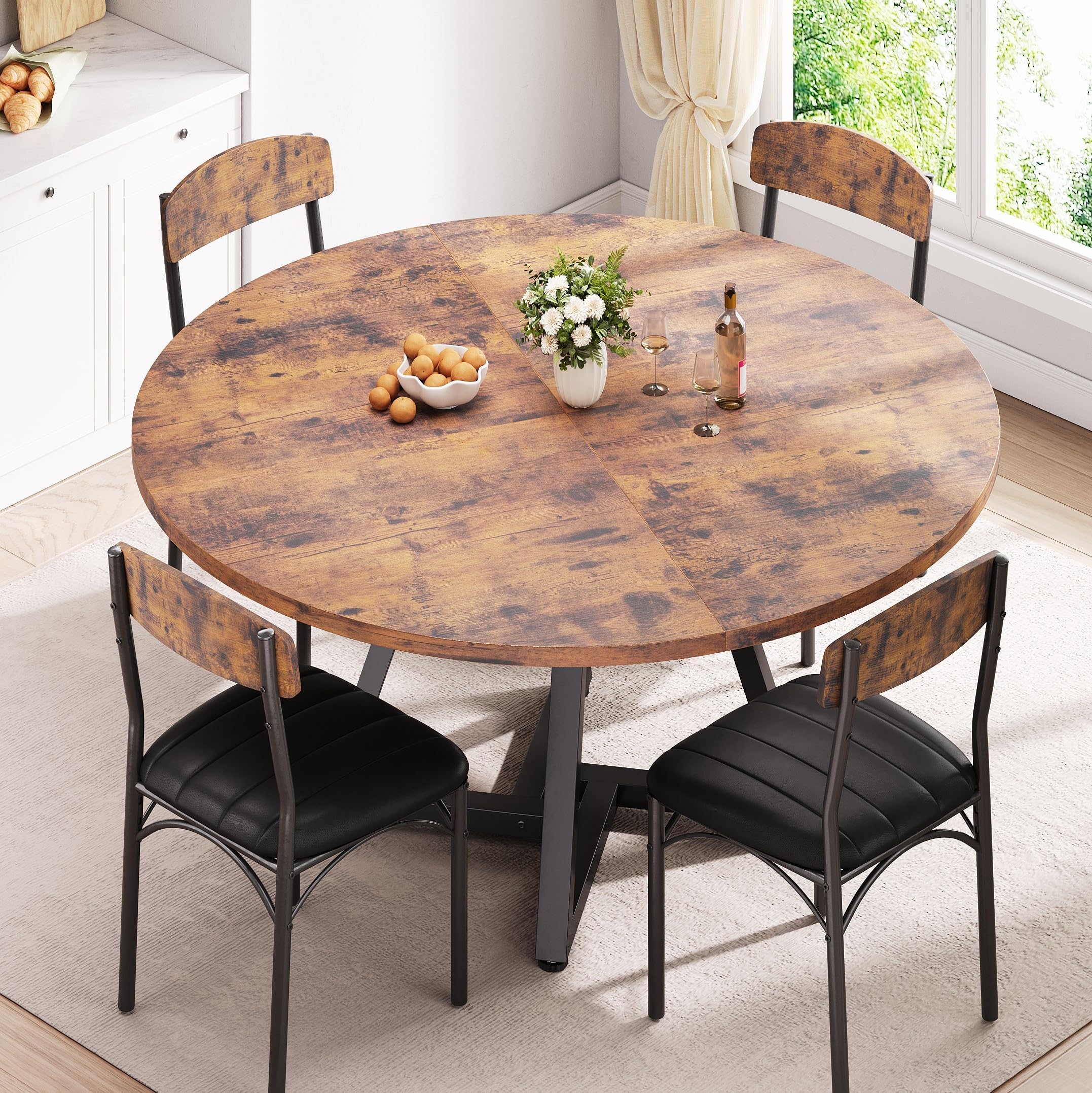 Jocoevol Table à Manger Ronde pour 4 à 6 Personnes, Table de Cuisine avec Piètement Métallique Stable, Table de Salle à Manger Gain de Place Style Industriel (Vintage Marron, 120x120x76cm)