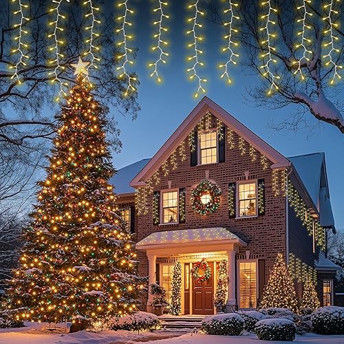 AWQ 320 luces LED de carámbano de Navidad de 26 pies, tira de luces parpadeantes con 13 modos, temporizador y función de memoria, luz de Navidad