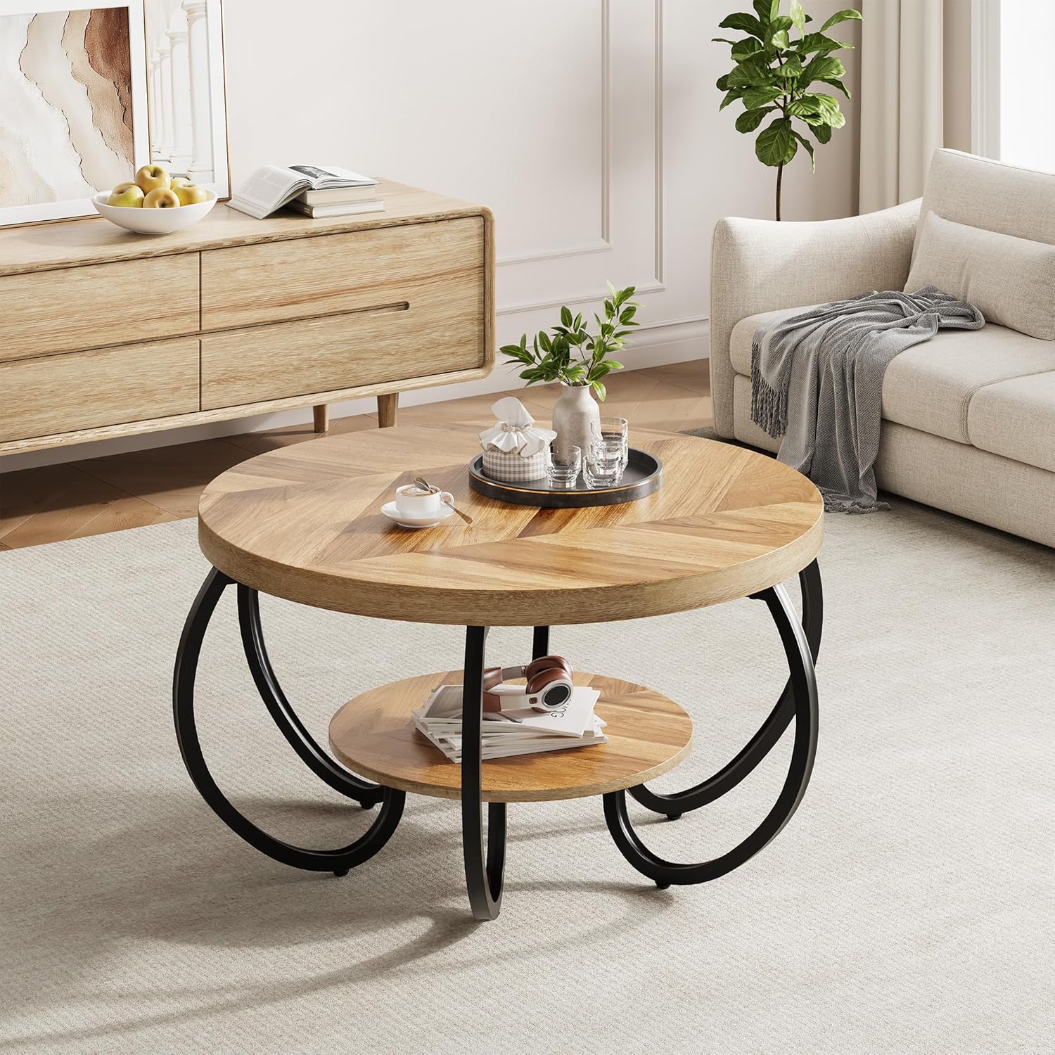 GarveeHome Round Coffee Table 30 in Center Table, 2-Tier Coffee Table Industrial Accent Tables with Adjustable Feet, Living Room Tables with Storage Shelf and Designed Wood Grain, Easy Assemble