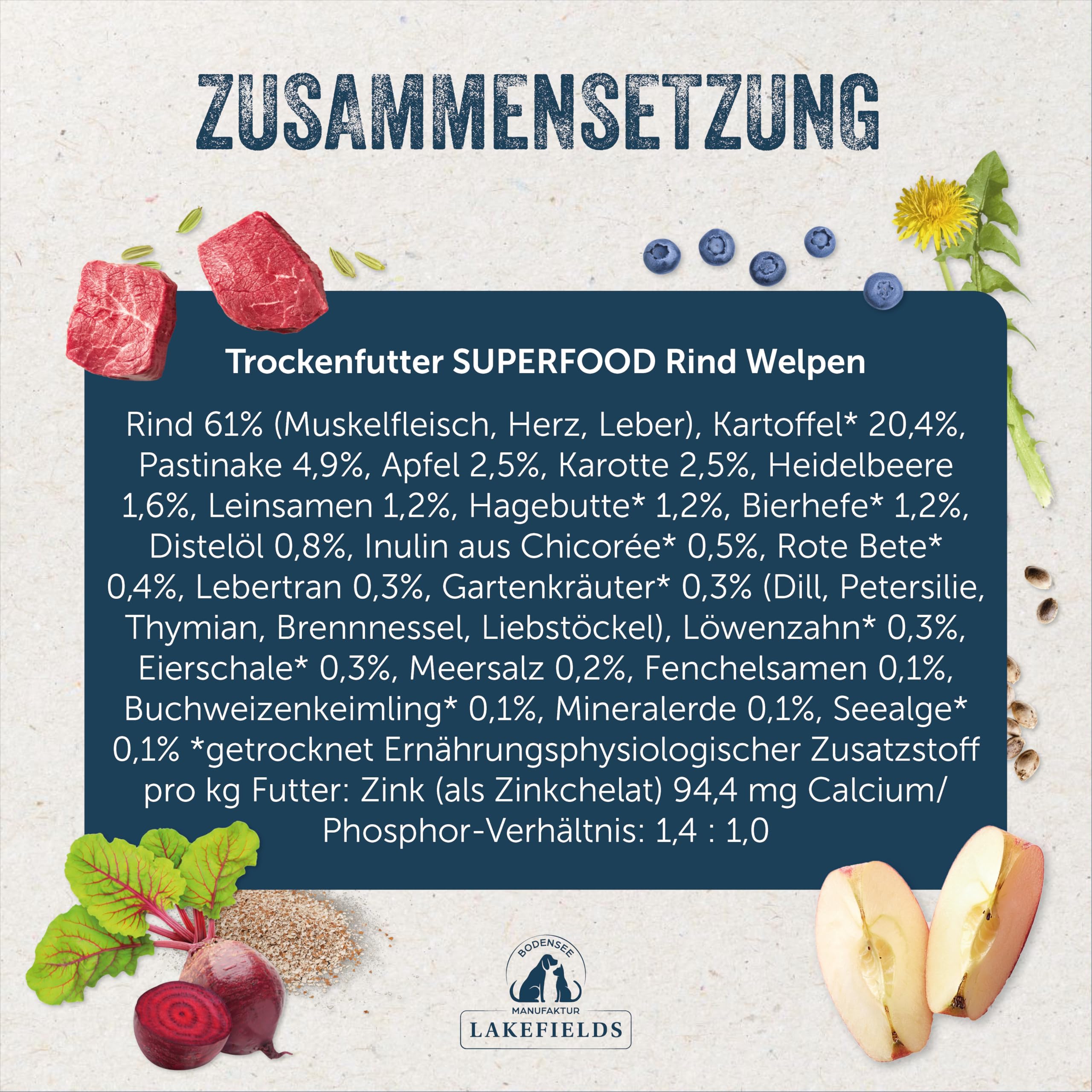 Lakefields SUPERFOOD | Premium Welpenfutter trocken | 61% Rind | 4 x 1kg | Getreidefreies Trockenfutter für Welpen | Mit Löwenzahn, Leinsamen & Roter Beete | Von Tierärzten entwickelt