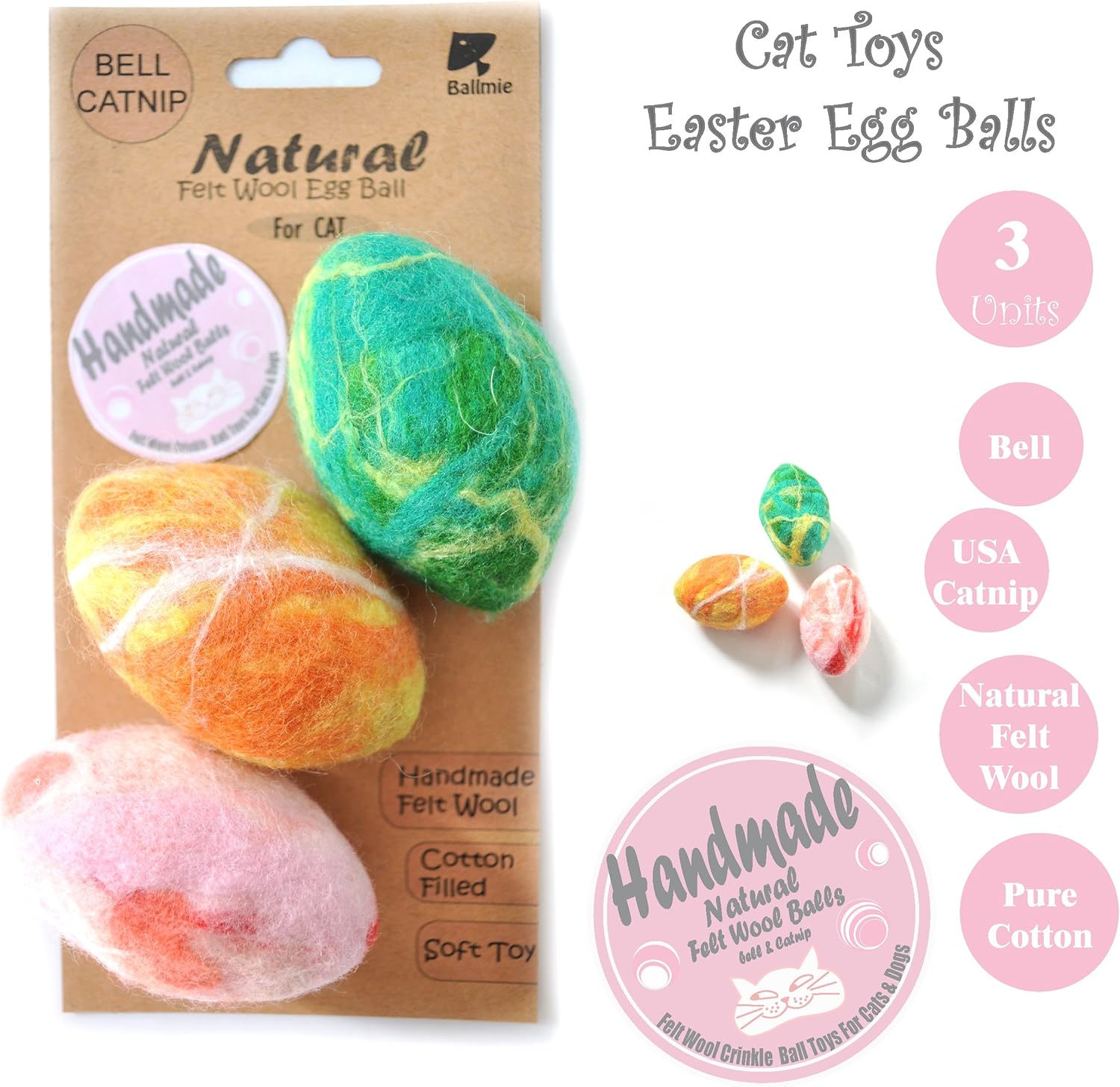 BALLMIE Cat Toys Ball Catnip Eggs, Handmade Felt Wool Toys