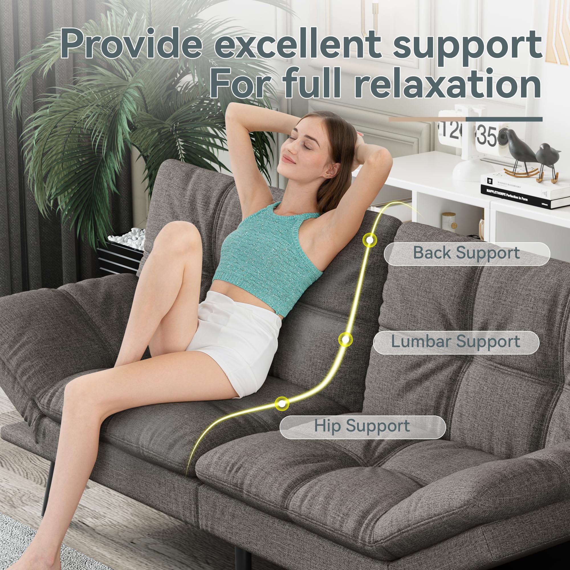 Futon Sofa Bed Convertible Couch, Grey Linen Sofa Bed with Memory Foam, Adjustable Backrest & Armrests, Multifunctional Small Loveseat Sleeper Sofa for Living Room, Apartment, Office
