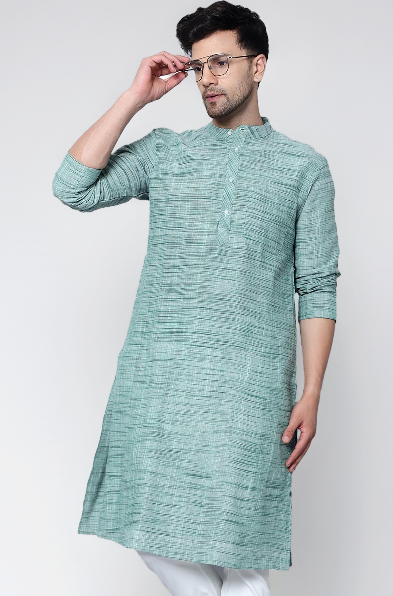 Men's Cotton Regular Textured Long Kurta Full Sleeves - Casual Ethnic Wear