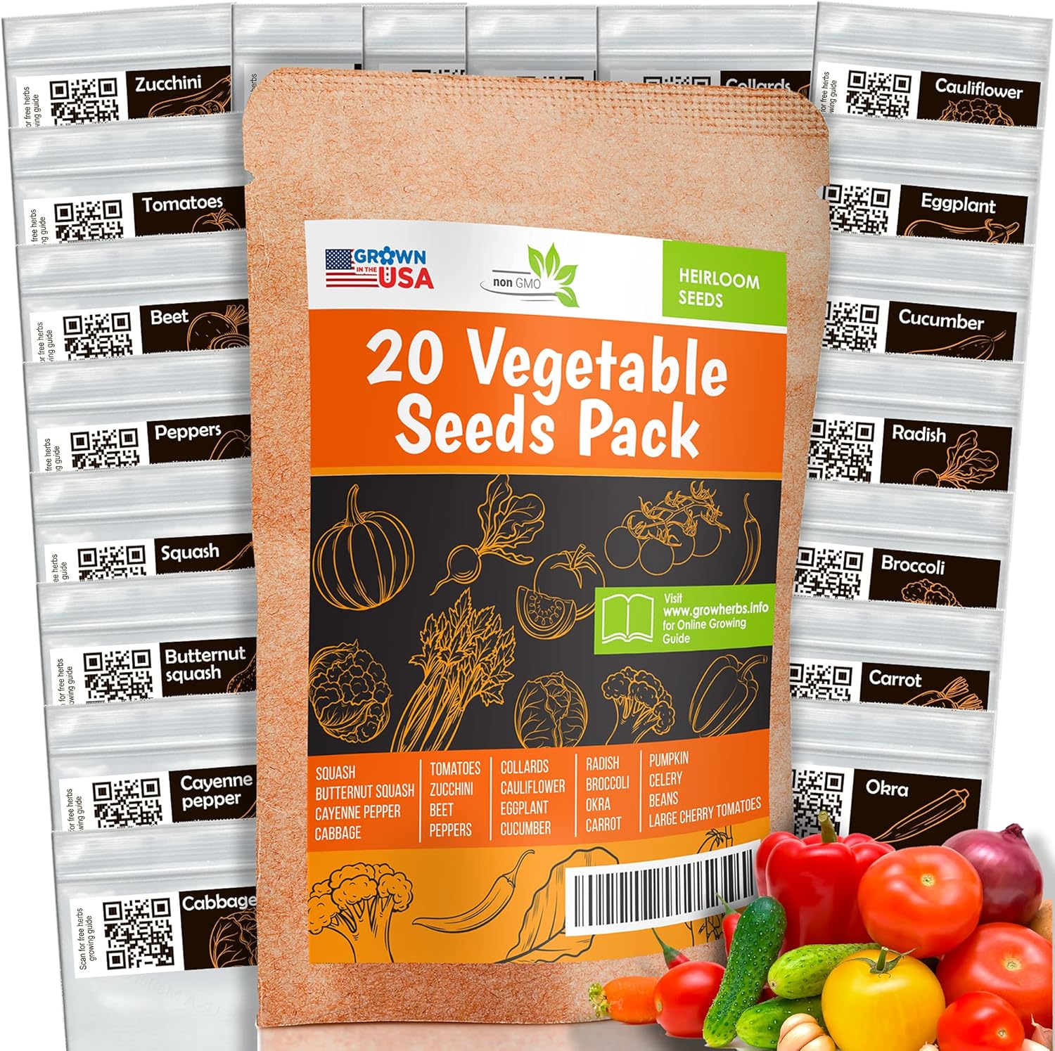 20 Favorite Vegetables Seeds Pack - Heirloom and Non GMO, Grown in USA - Indoor or Outdoor Garden - Tomatoes, Zucchini, Peppers, Cauliflower, Eggplant, Pumpkin, Carrot, Celery, Radish and More : Patio, Lawn & Garden
