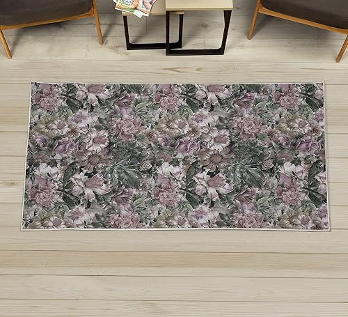 Ambesonne Floral Decorative Rug, Flourishing Pattern Wild Roses Exotic Botanical Petals Leaves Cold Colors, Quality Carpet for Bedroom Dorm and