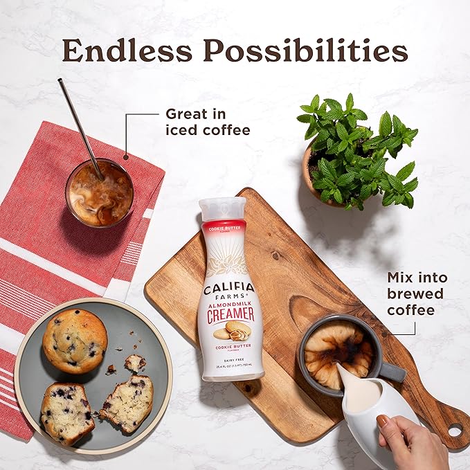 When added to coffee, tea, or other hot drinks, the Cookie Butter Almond Milk Coffee Creamer imparts a velvety, creamy texture that is complemented by a subtle sweetness from the cookie butter flavor. Califia Farms has crafted an enjoyable and accessible option for those in search of a plant-based, dairy-free alternative to traditional creamers.