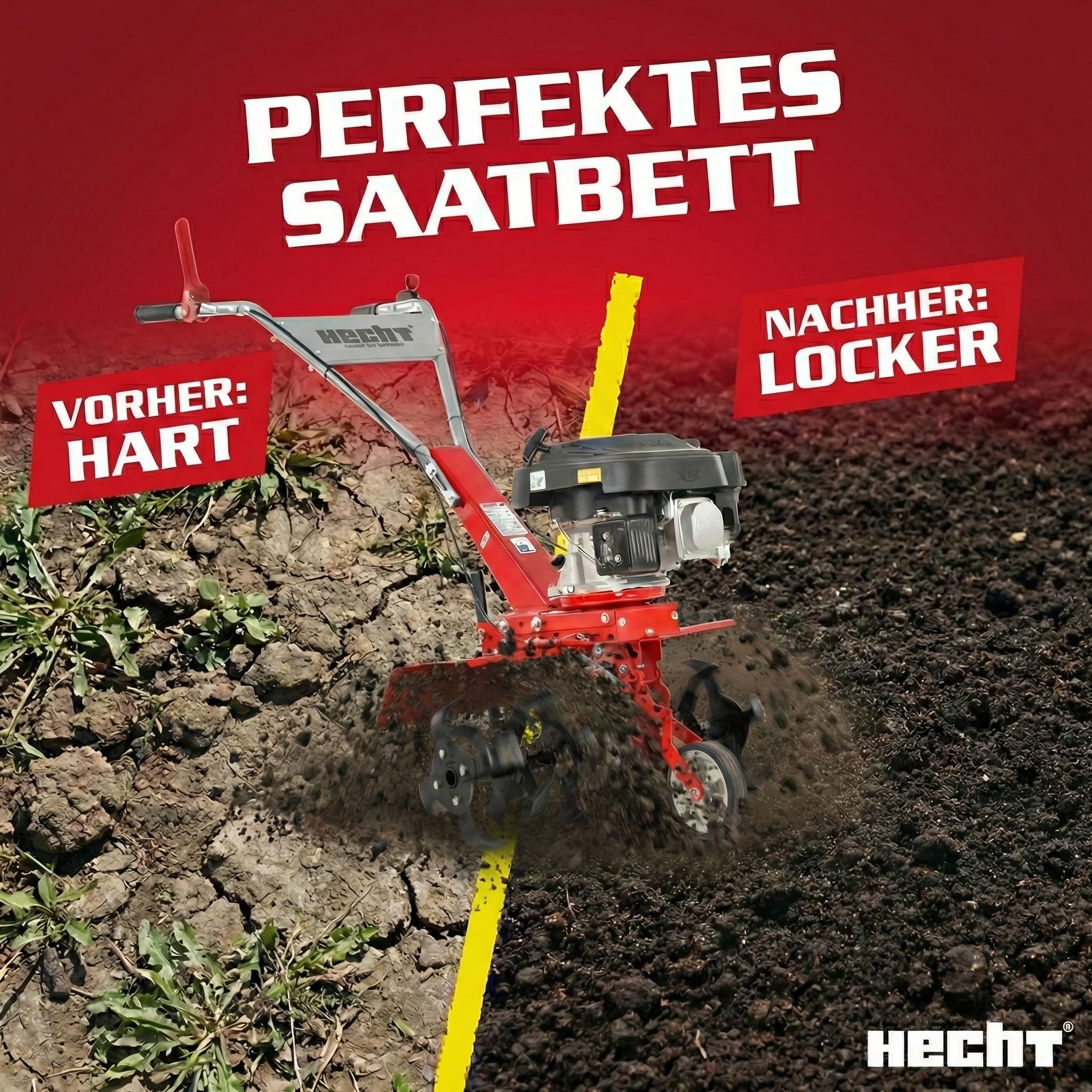 HECHT Benzin Motorhacke 4,08 PS - mit 60 cm Arbeitsbreite – 4 Takt Motor – 24 Harte Messer – Bodenfräse – Gartenhacke – Kultivator – zum Boden umgraben und lockern - Gartenfräse Benzin
