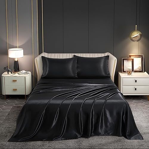 Juego de sábanas de satén de 4 piezas, sábanas de satén suave y sedosas de tamaño matrimonial con 1 sábana bajera de bolsillo profundo, 1 sábana