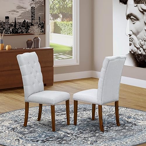 Miniatura 18 de East West Furniture ELP6T35 Elsa Parson - Juego de 2 sillas acolchadas de tela de lino con ribete de clavos y botones copetudos, color negro Alambre