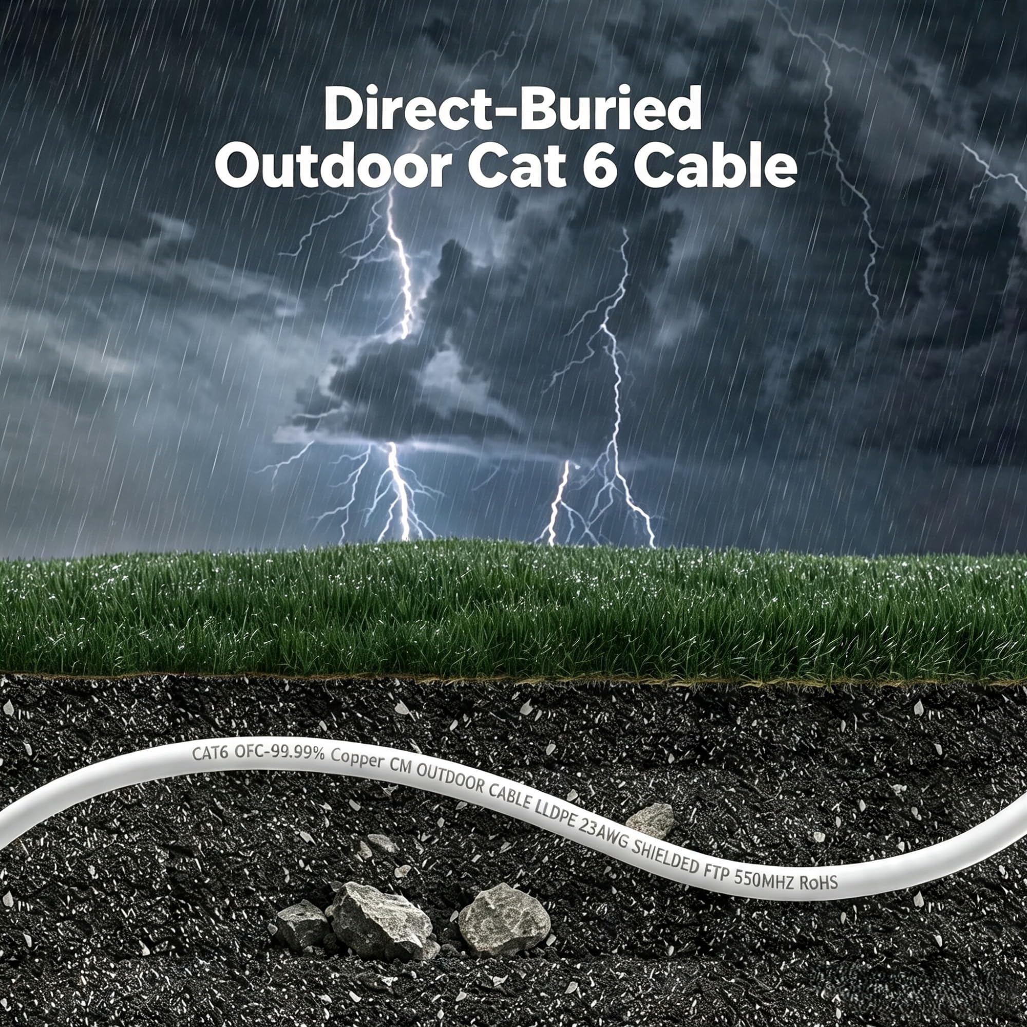 Cable Ethernet CAT 6a para Exteriores 40m, 10Gbps/550MHz FTP, 23AWG Puro Cobre OFC, Cables de Red LLDPE Impermeable UV-resistant, Cable LAN RJ45 Entierro Directo, POE Cat6a Outdoorcable - Blanco