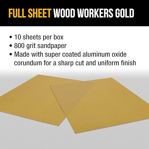 Miniatura 4 de Dura-Gold Hojas de papel de lija dorado prémium de 9 x 11 pulgadas, grano 800 (caja de 10)  carpintería para muebles de madera, pintura automotriz,