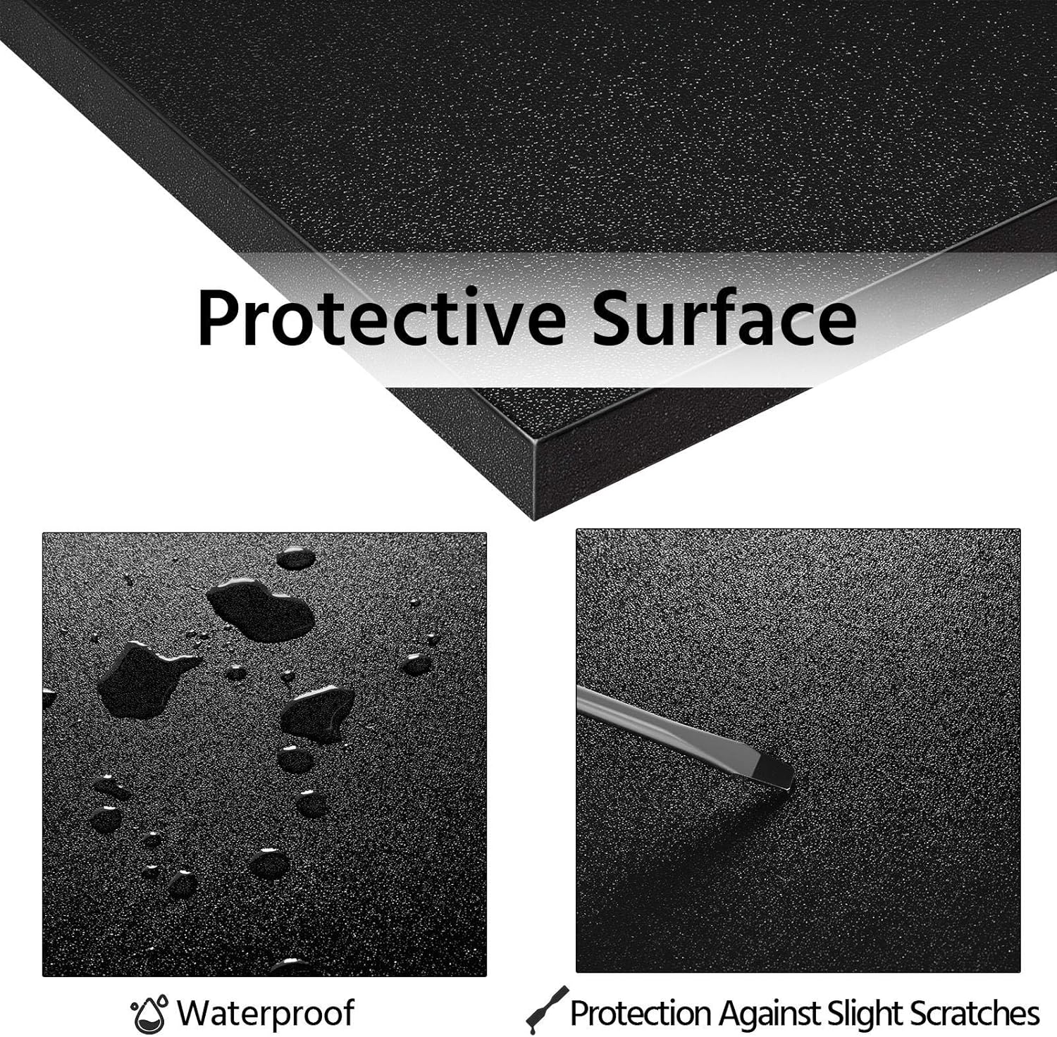 Close-up images showing water beading on the desk surface and resistance to slight scratches