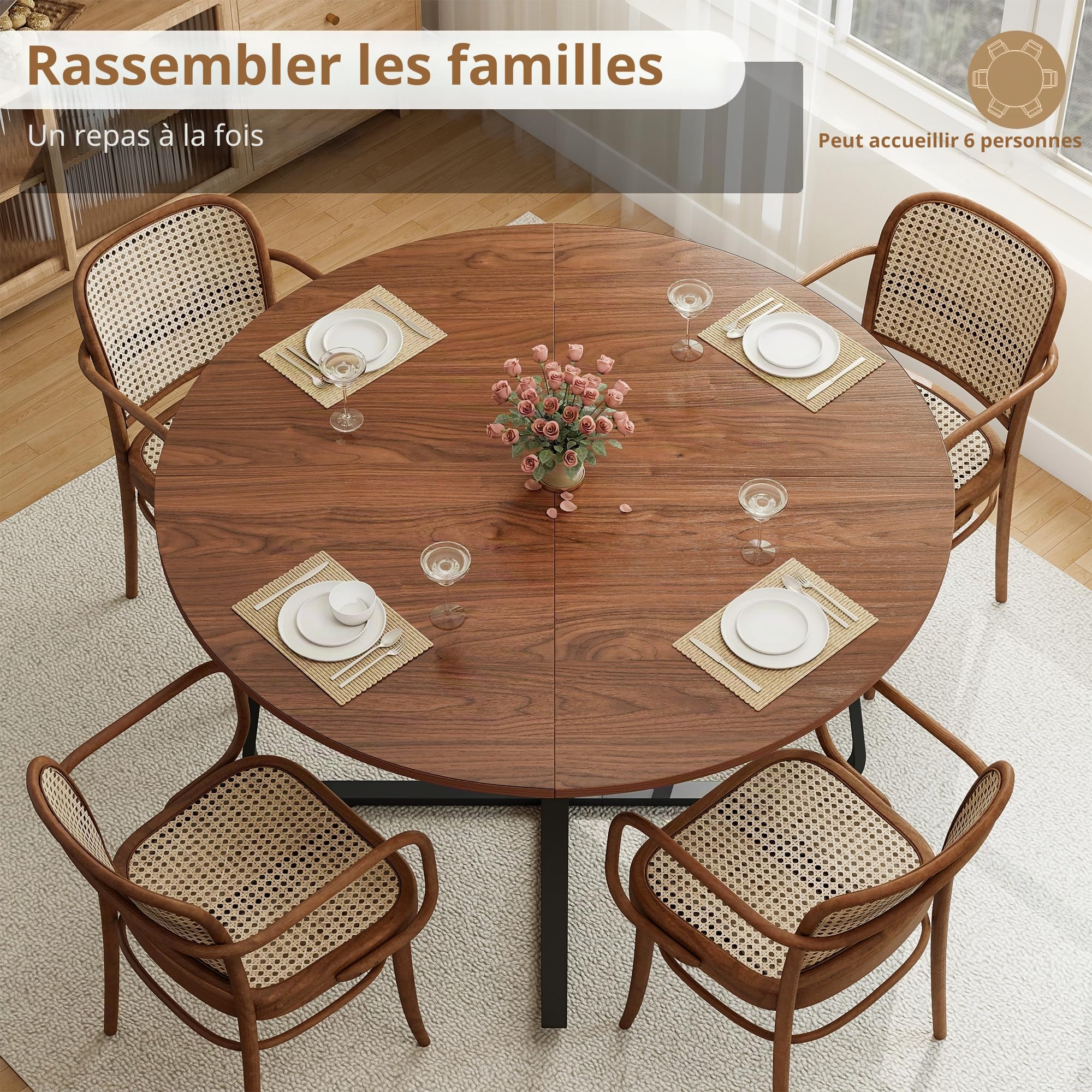 Table de salle à manger ronde 120 cm en bois marron noyer moderne pour cuisine, salon, salle à manger, terrasse, cour, café, bureau et autres endroits