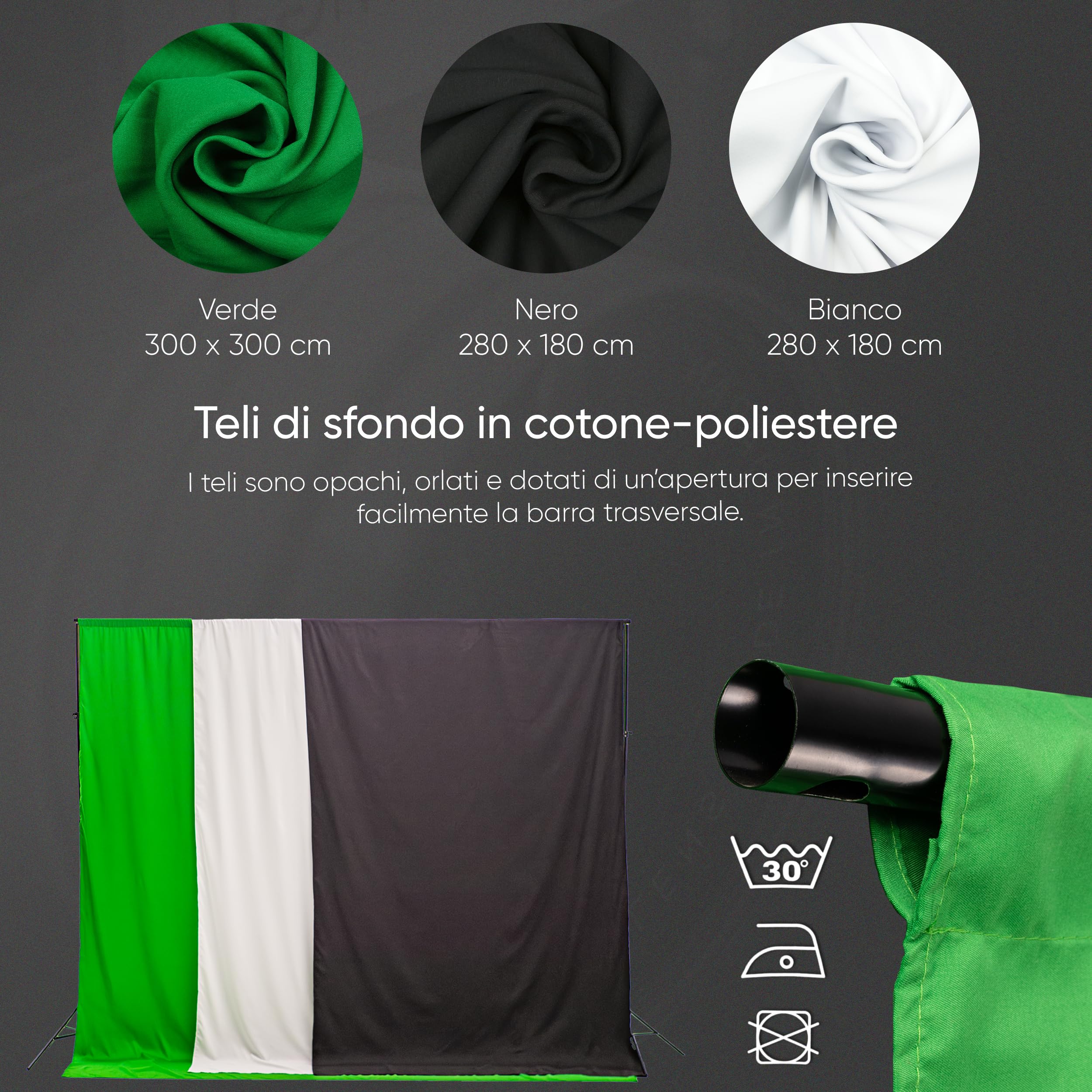 Green Screen Con Supporto (3m x 3m) – Sfondo Fotografico - Set Studio Fotografico - Accessori Per La Fotografia Streaming Giochi Gaming – 3x Telo di Fondale (verde, bianco, nero) – 4 Morsetti