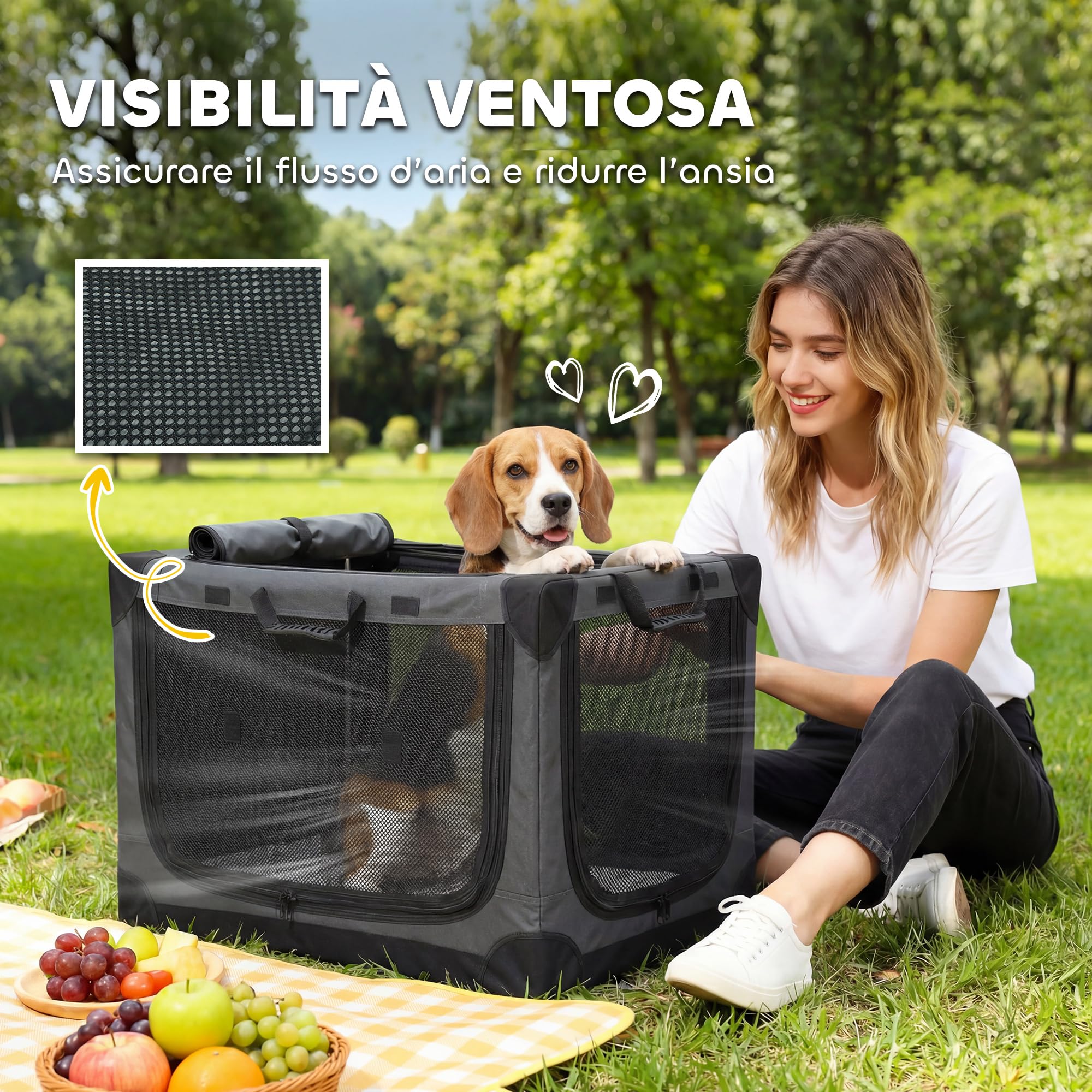PawHut Trasportino Morbido per Cani Media/Piccola e Gatti, Trasportino Pieghevole Cuccia da Viaggio con Cuscino, Copertura Lavabile, Porte, in Oxford Traspiranti 600D, 76x54x54 cm, Verde