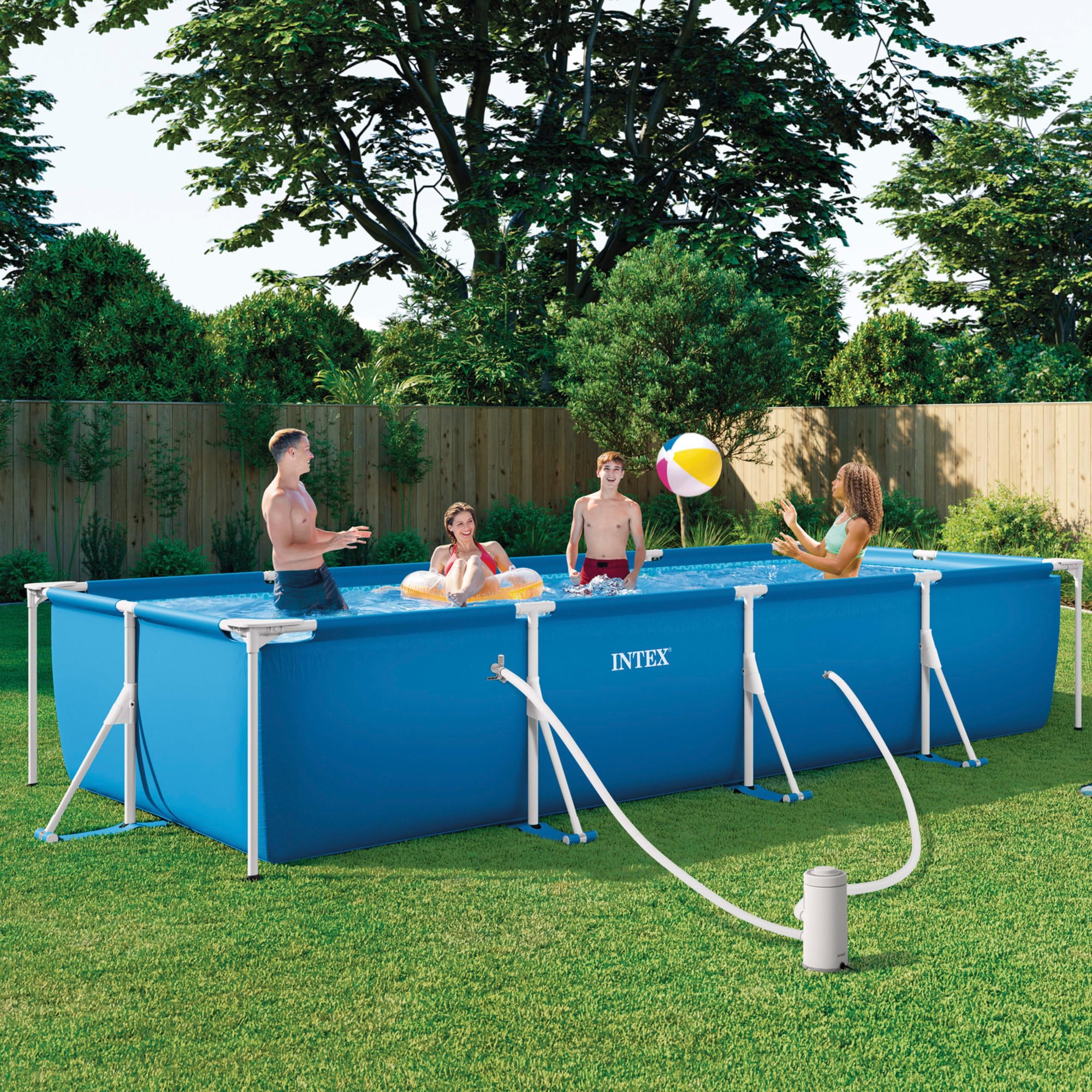 Intex 28274NP - Piscina Fuori Terra Rectangular Frame Rettangolare, Pompa Filtro 2006 L/h, 7127 L, Acciaio e PVC, Blu, 450x220x84 cm