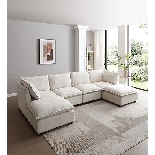 Free Combination Reversible Modular Sectional Sofa with Double Chaise and Thicked Cushions , U Shaped Symmetrical Oversized Sleeper Corner Couch w/ Detackable Backrest and Wooden Legs for Living Room
