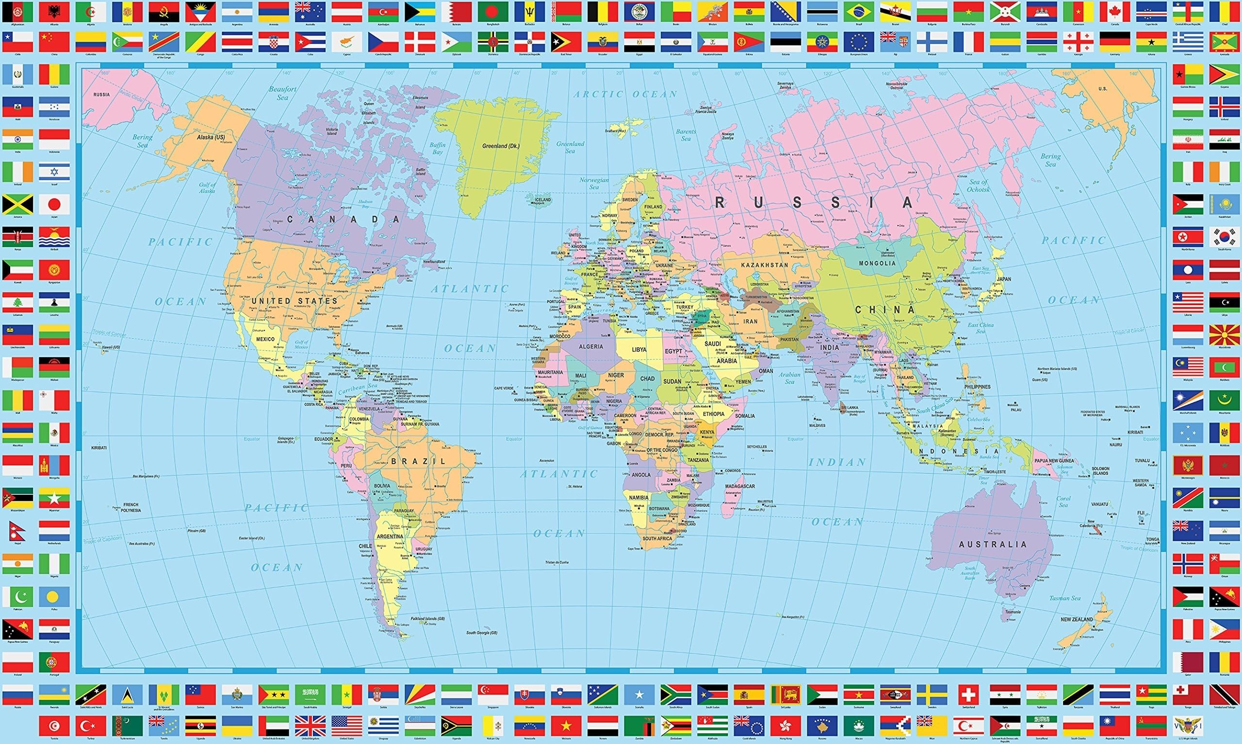 World Map Political Poster With Country Flags Educational Geography Atlas Travel Wall-Art Print Decor for Bedroom Classroom Home