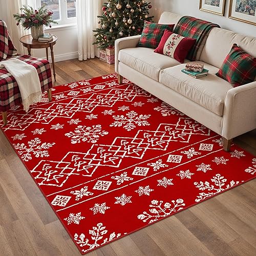 Miniatura 29 de Alfombra de área de Navidad 5 x 7 pies, copos de nieve rojos, alfombra decorativa festiva para sala de estar, dormitorio, alfombra antideslizante