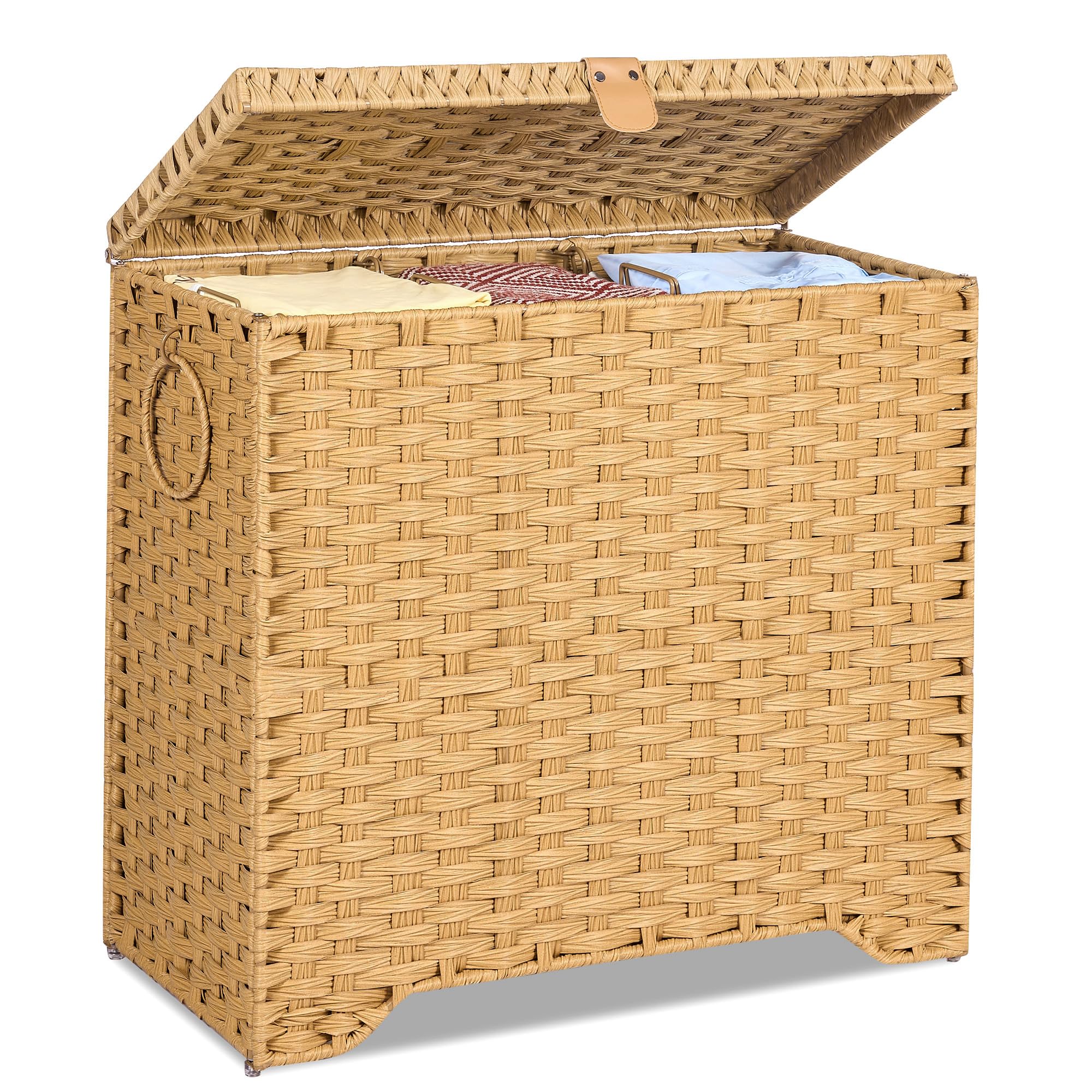 View 1 of 130L Wicker Laundry Hamper with Lid, 3-Section Laundry Basket