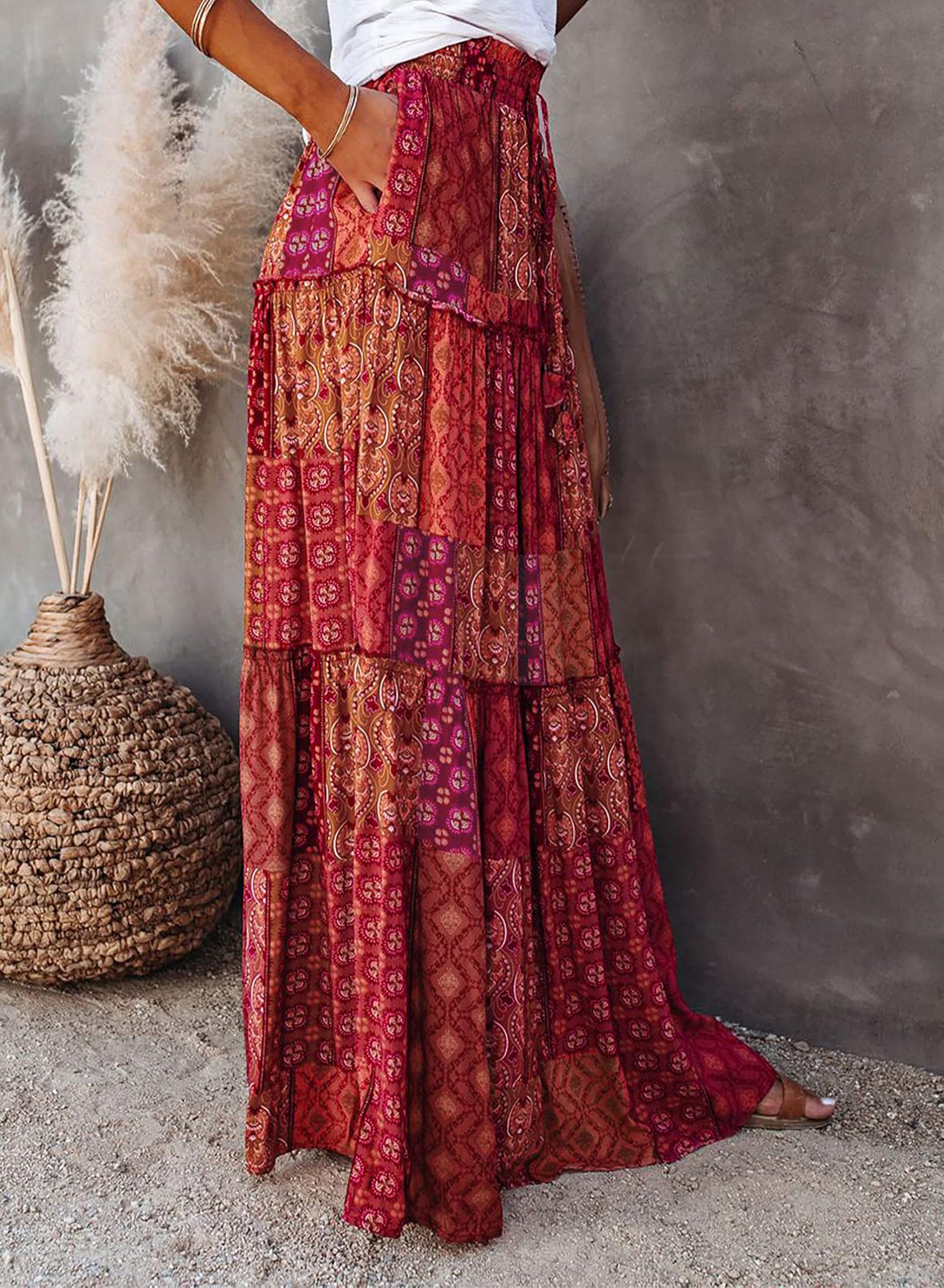 Timuspo Falda larga y elegante para mujer, estilo bohemio, informal, de línea A, color liso, con bolsillos, cintura alta, para la playa, para el tiempo libre