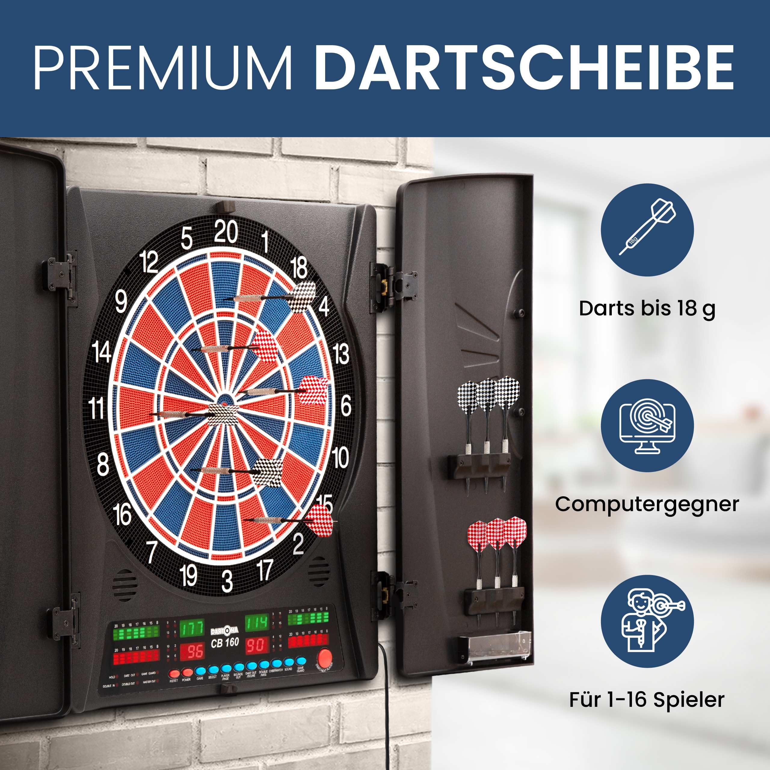 Elektronische Dartscheibe Dartona CB160 Cabinett | Offizielle Turniergröße | Dartscheibe elektronisch | Turnierscheibe mit 33 Spielen und über 160 Varianten