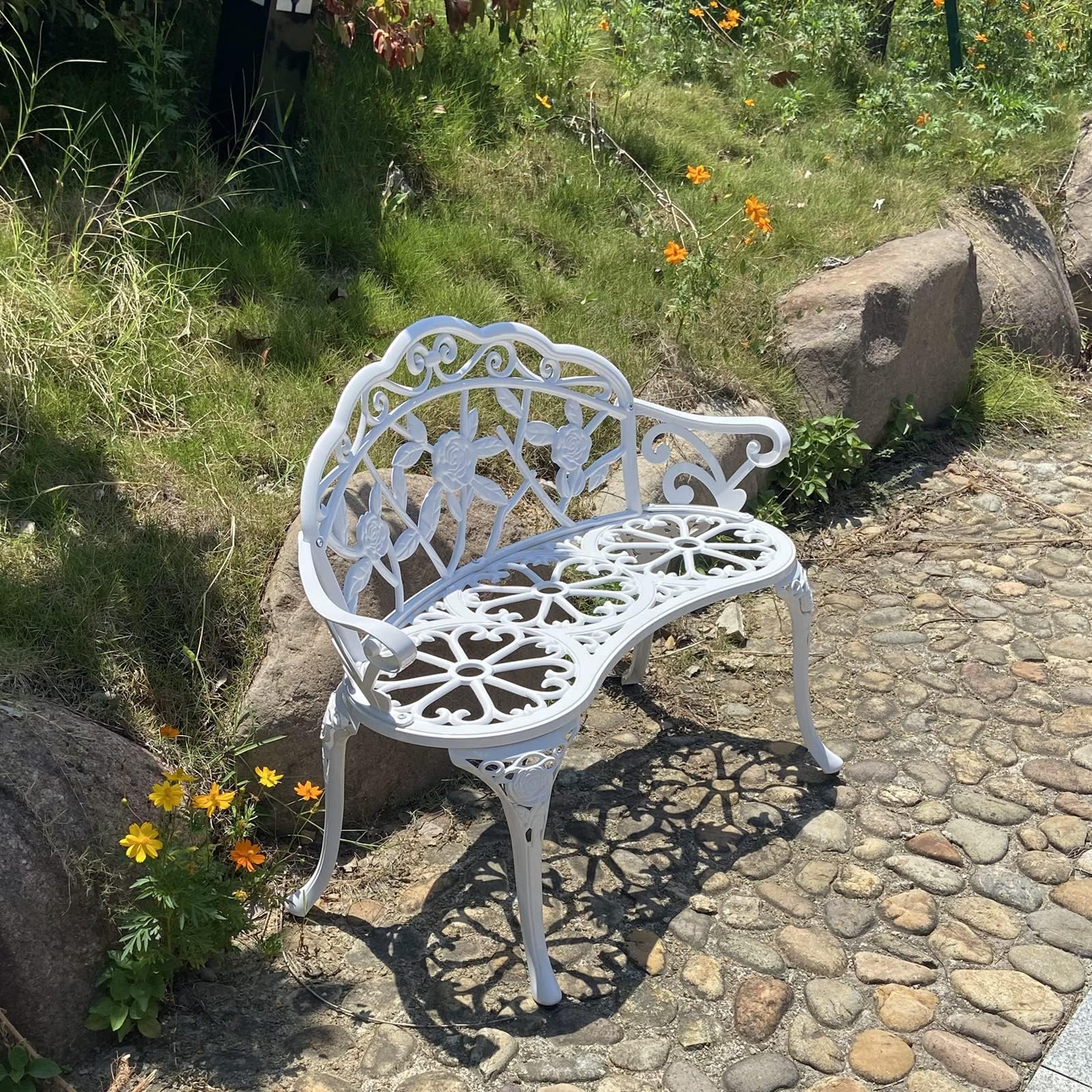 Panchina da giardino, in metallo, alluminio, rosa, adatta per giardino, veranda, parco, balcone, esterno (bianco)