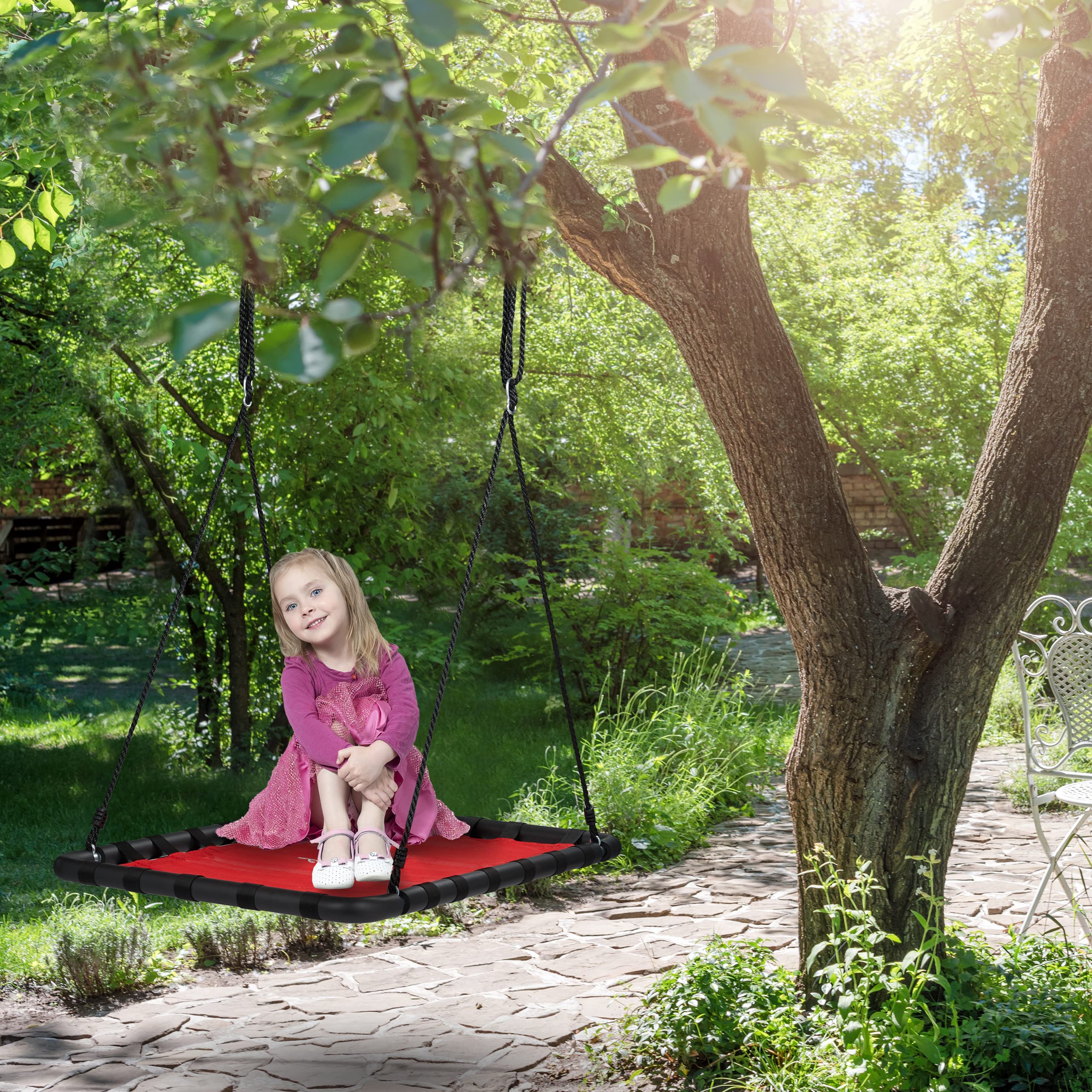 Relaxdays Huśtawka gniazdowa, dla dzieci i dorosłych, obciążenie do 100 kg, szer. x gł.: 103 x 77 cm, kwadratowa huśtawka siatkowa, do użytku na zewnątrz, czerwona