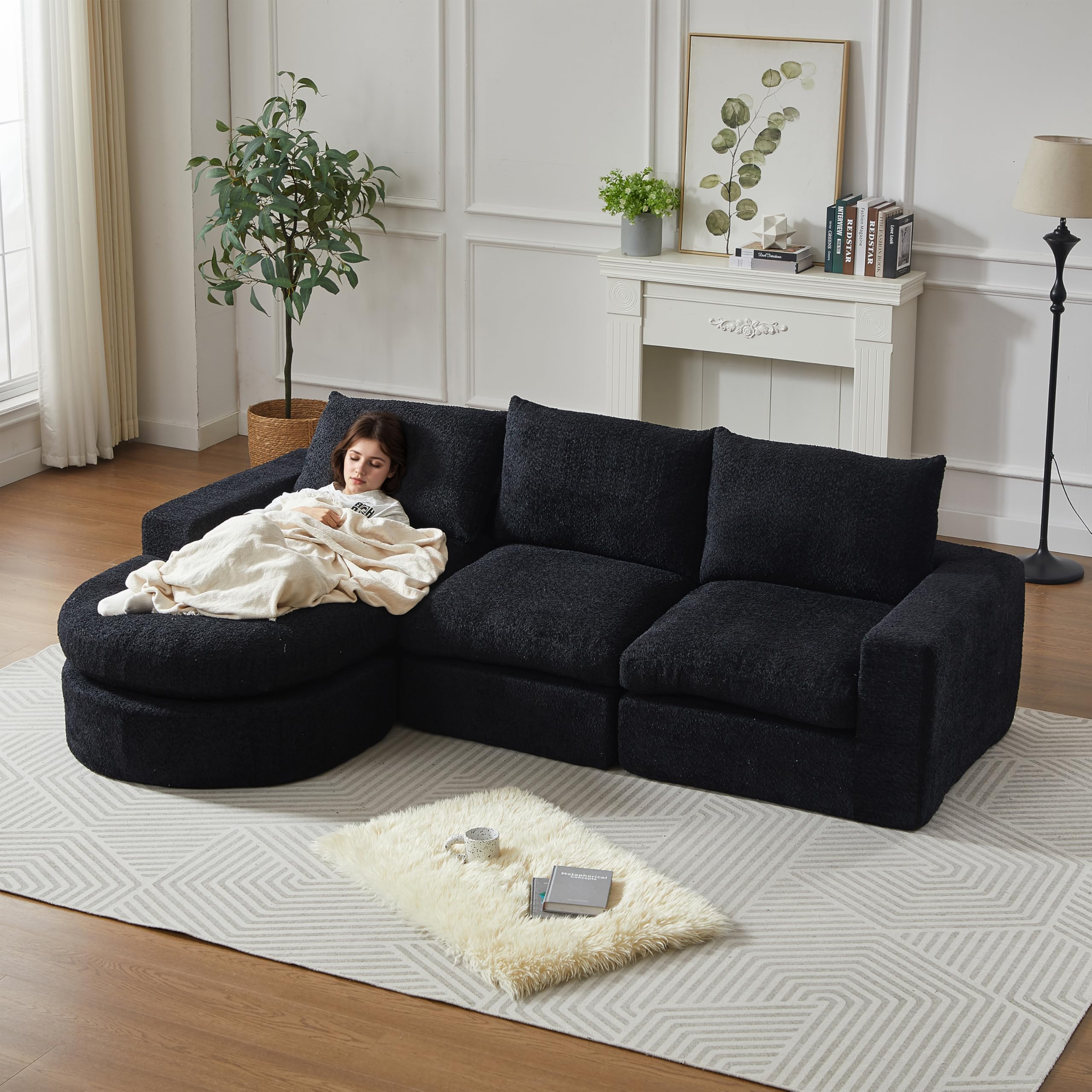 251cm Canapé d'angle en Forme de L avec Fonction Couchage - Canapé modulable avec méridienne Droite - Assise Extra Profonde - Canapé-lit pour Salon (Noir)