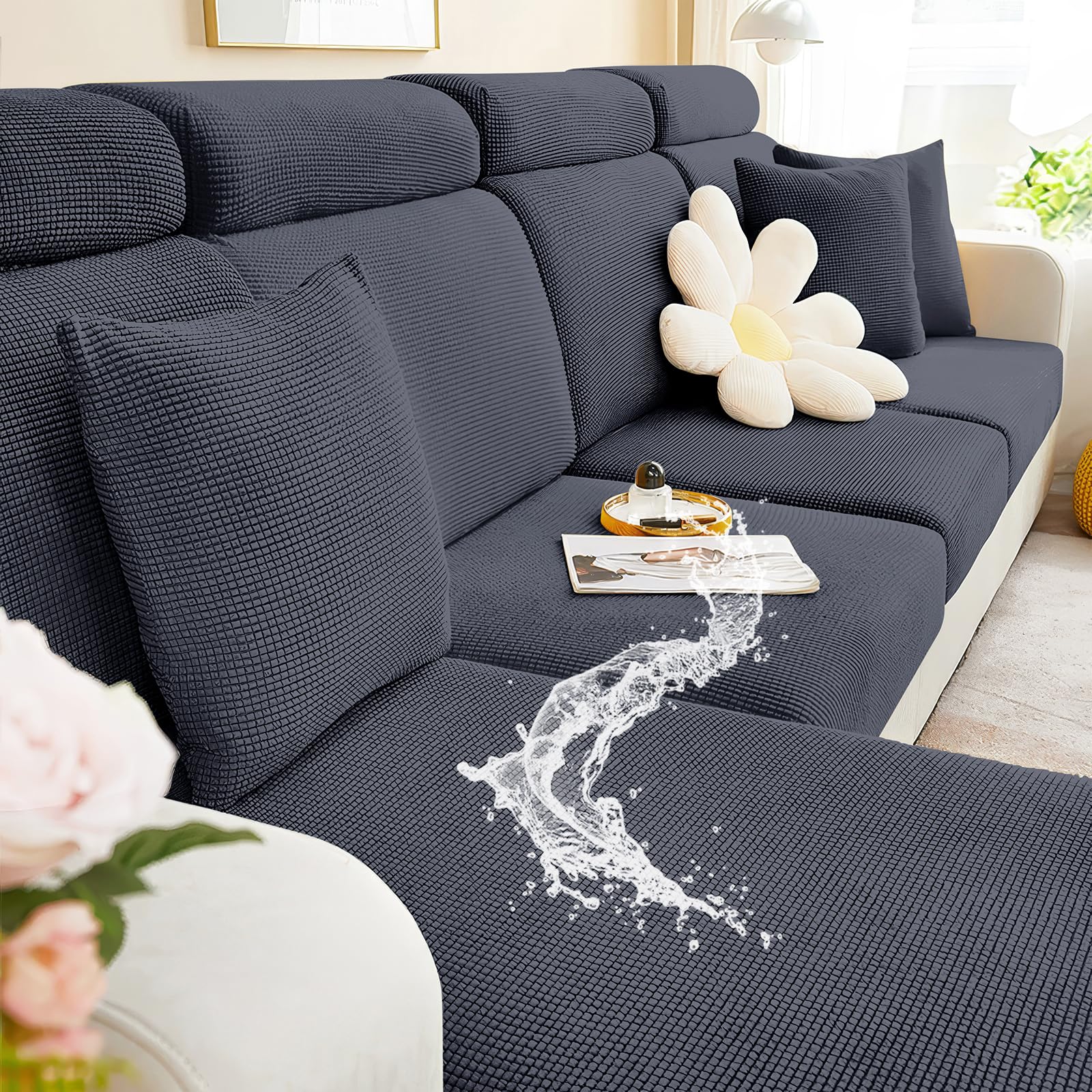 Smiry Waterproof Couch Cushion Covers, Stretch Jacquard Sofa Slipcover Washable, Thick Sofa Cushion Covers Furniture Protector with Elastic Bottom for Pets, Kids (3 Pack, Grey)