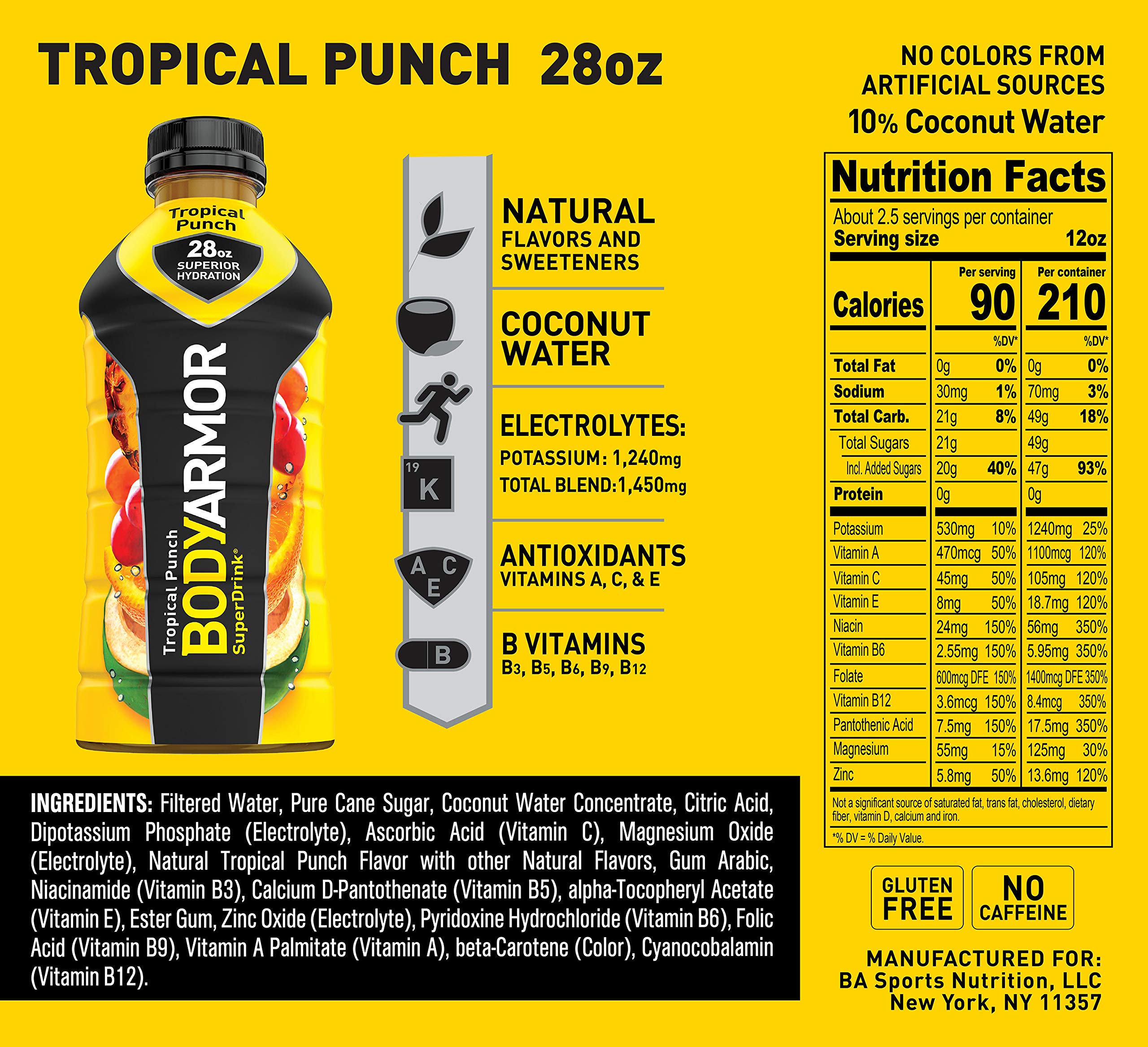 BODYARMOR Sports Drink Sports Beverage, Tropical Punch, Natural Flavor With Vitamins, Potassium-Packed Electrolytes, No Preservatives, Perfect For Athletes, 28 Fl Oz