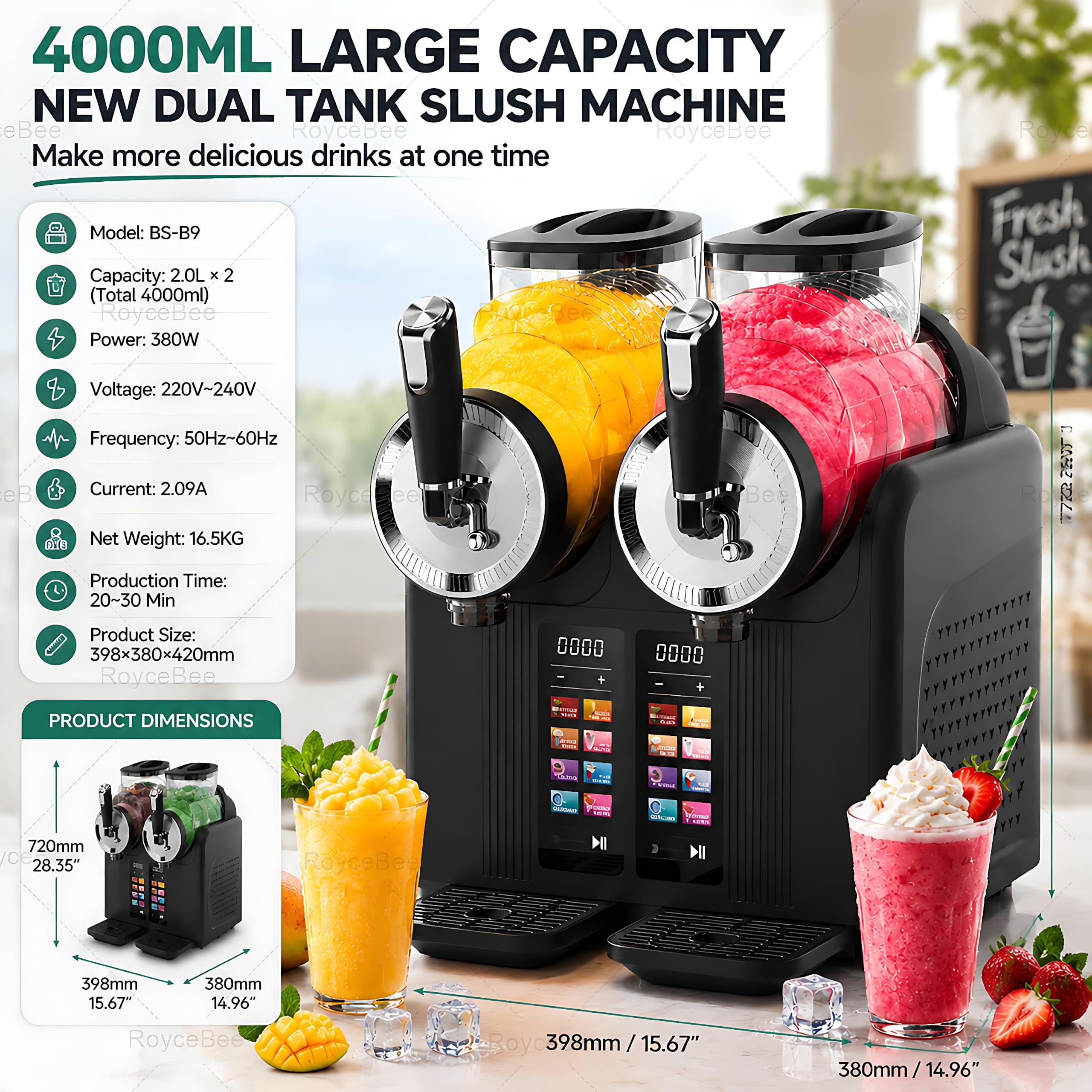 Máquina para Granizados Profesional y Doméstica, Máquina de Granizado con Capacidad 4L, 7 Modos Automáticos, Función de Limpieza Automática, Para Preparar Helados Suaves, Slush, Batidos Black
