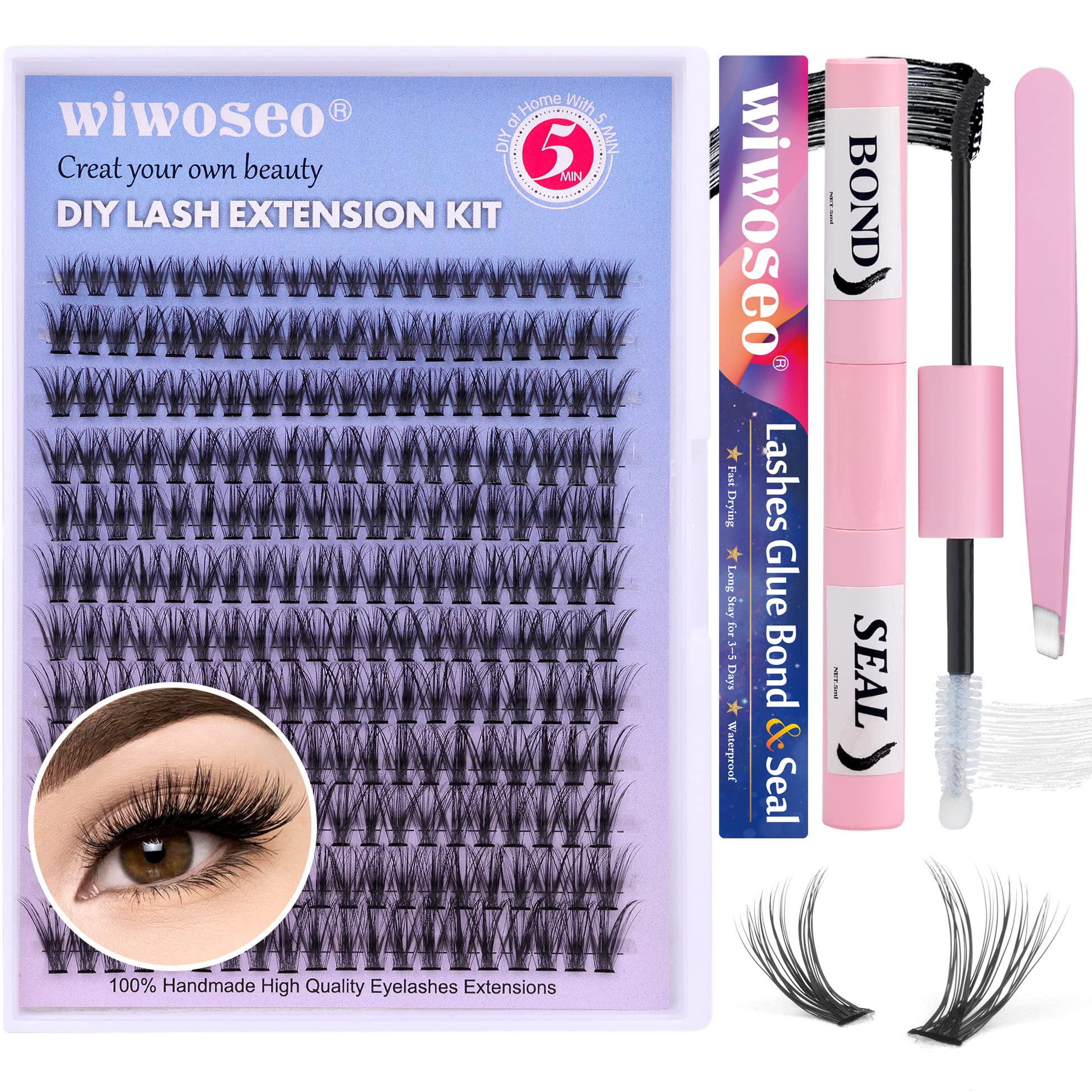DIY Lash Extension Kit Individual Cluster Lashes 240pcs Lash Cluster Individual Eyelash Extension Kit D Curl Lash with Lash Bond and Seal, at Home Lash Extension Kit for Self Application (40p, 8-16mm)