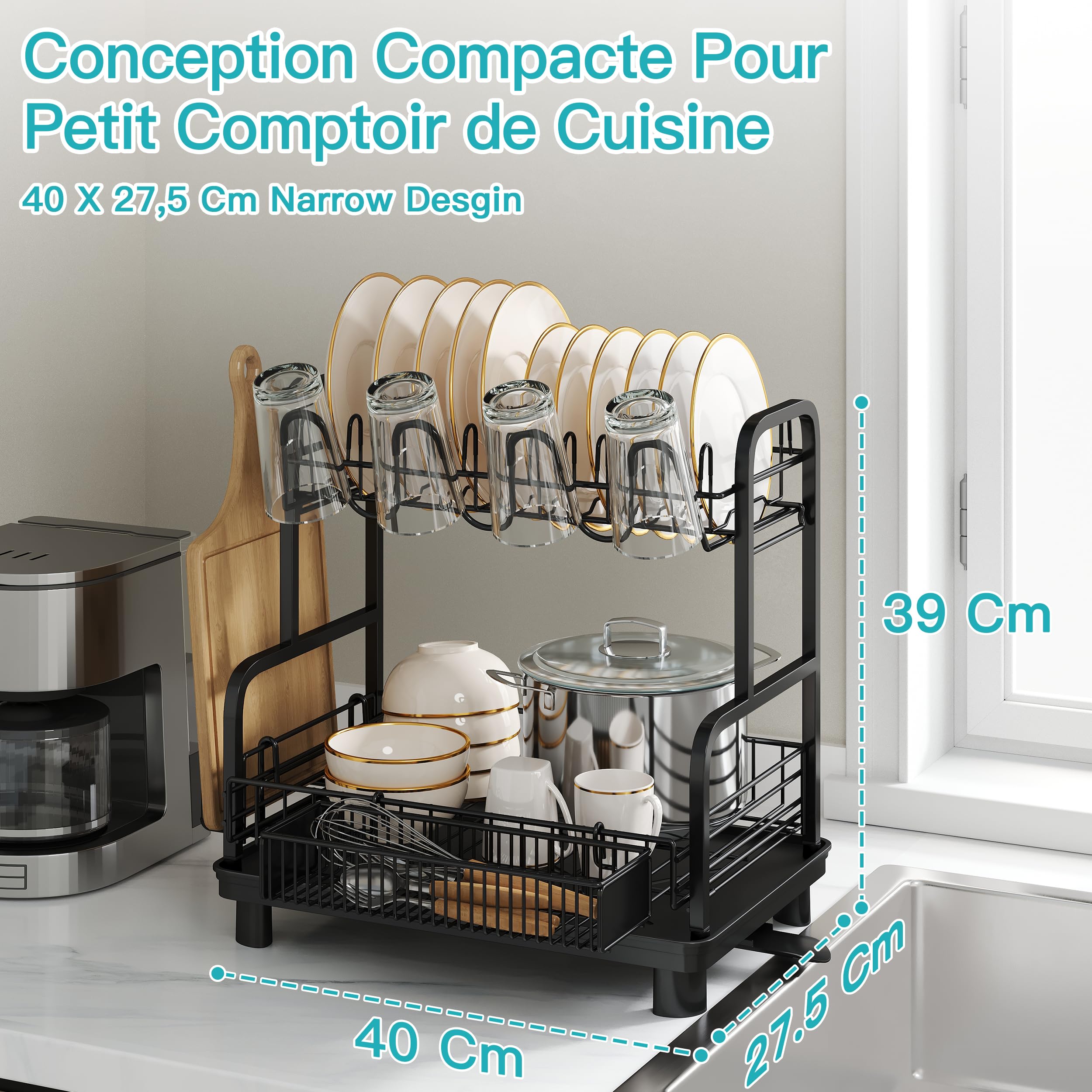 Boosiny Egoutoire Vaisselle Cuisine 2 Niveaux, INOX Égouttoir Vaisselle sur Evier avec Porte-Gobelets et Porte-Ustensiles, Noir Séchoir à Vaisselle Rangement Vaisselle avec Vidange Automatique