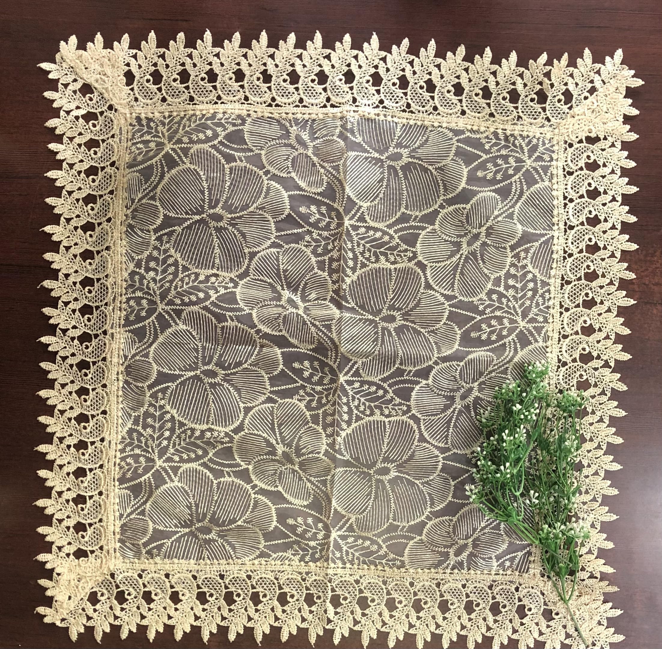VHC Square Side Table Mats 55 * 55 cm Beige Tissue Crochet Tablecloth with Floral Pattern (Pack of 1)-image-27
