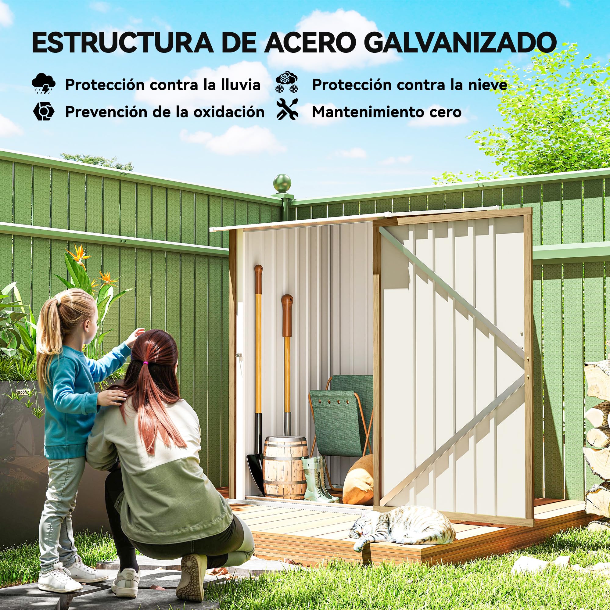 Outsunny Cobertizo de Jardín Exterior, 0,92 m², 100x103x160 cm, Caseta de Jardín Exterior Metálica con 1 Puerta y Cerradura, para Almacenamiento de Herramientas, para Patio, Terraza, Marrón Claro — view 3