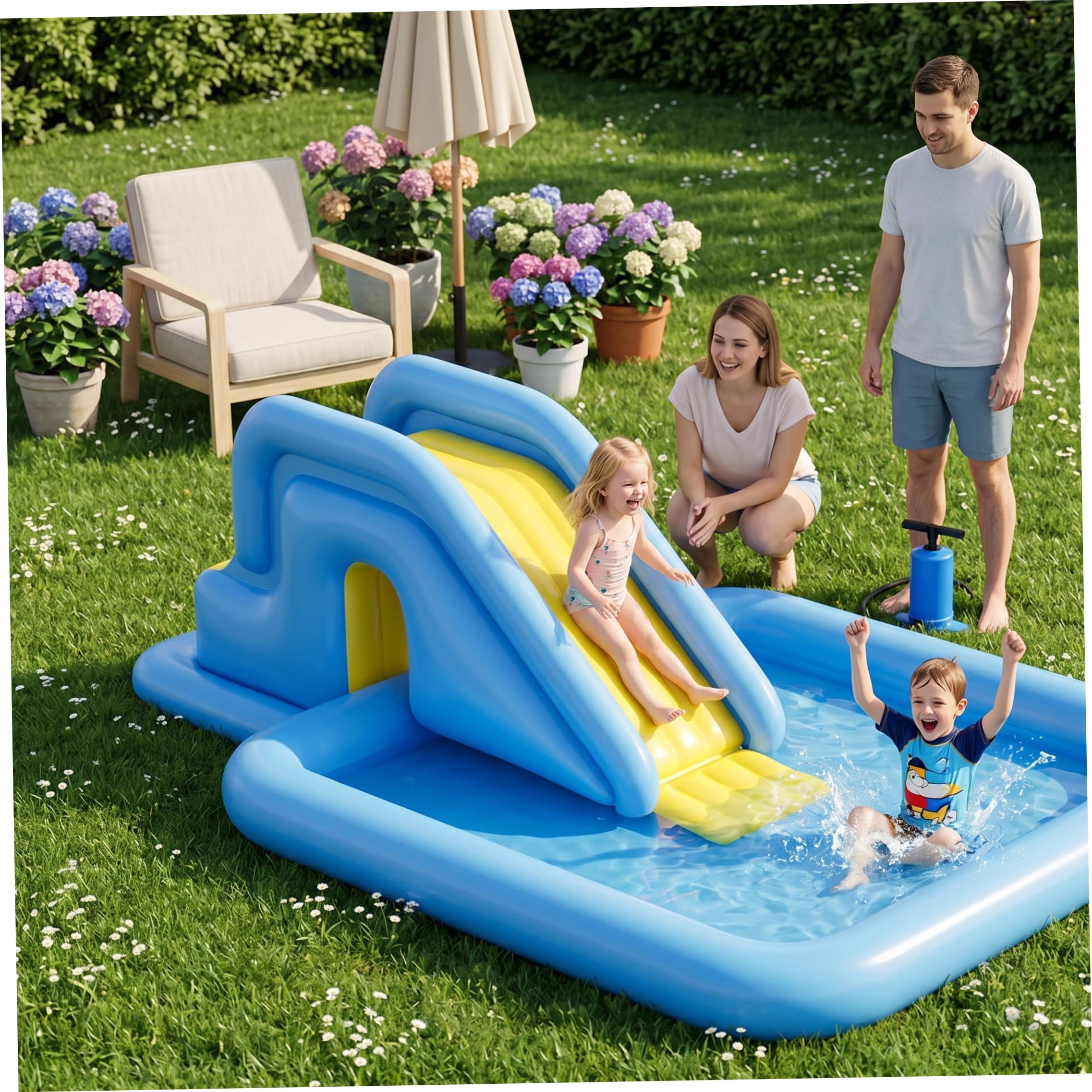 Aufblasbare Poolrutsche, aufblasbare Wasserrutsche, einfache Aufbewahrung für den Innen-Hinterhof und die Nutzung, hellblau, mit Fußpumpe