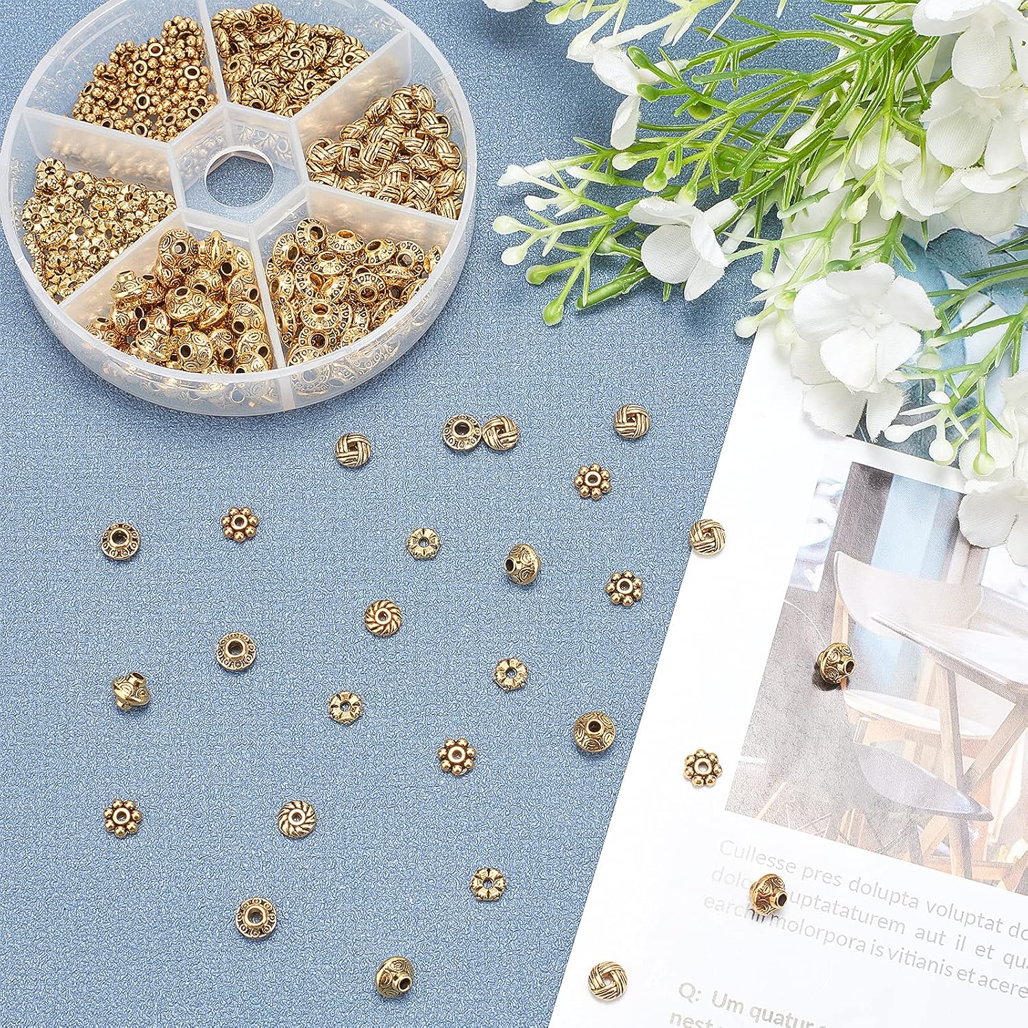 PH PandaHall 300pcs Spacer Beads 6 Style Antique Golden Tibetan Metal Jewelry Beads Loose Spacer Bead Flower Flat Rondelle Bead for Bracelet Necklace Jewelry Making Supplies (5.5-6.5mm)