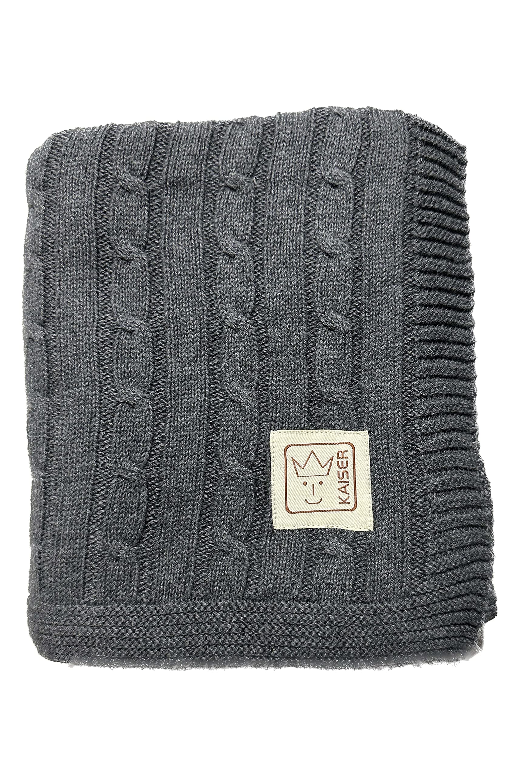 Kaiser 6521824 Cable Knitt – kocyk niemowlęcy z dzianiny, 100% bawełna ekologiczna (KBA), oddychający kocyk niemowlęcy, dla noworodka na lato, do wózka dziecięcego, kolor ciemnoszary