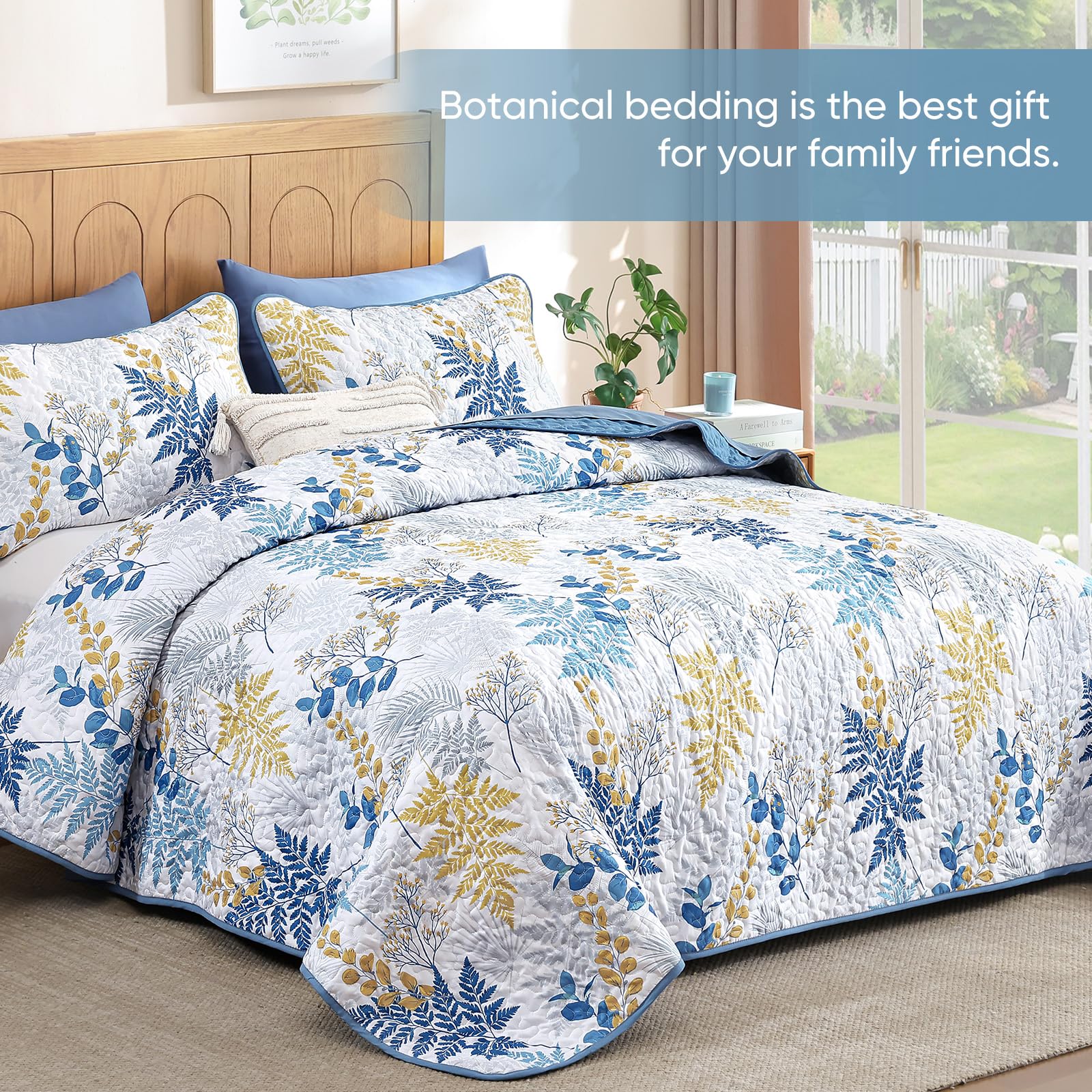 WONGS Bedding Couvre-lit botanique 3 pièces avec Motif de Feuilles – Couvre-lit réversible en Microfibre légère pour Toutes Les Saisons (243,8 x 228,6 cm), Bleu Marine
