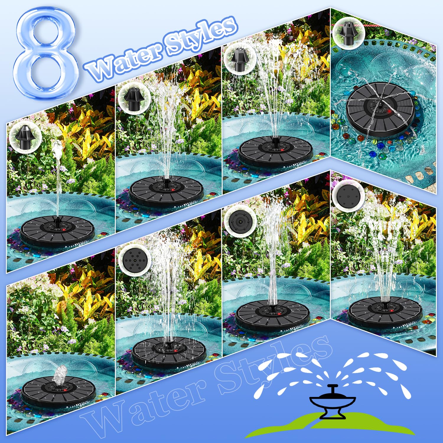 Fontana Solare con Indicatore LED, Yzert 3.5W Fontana da Giardino Solare Galleggiante Pannello, 2000mAh Batteria con 8 Ugelli Ideale per Bagno Uccello Pesce (Nero)