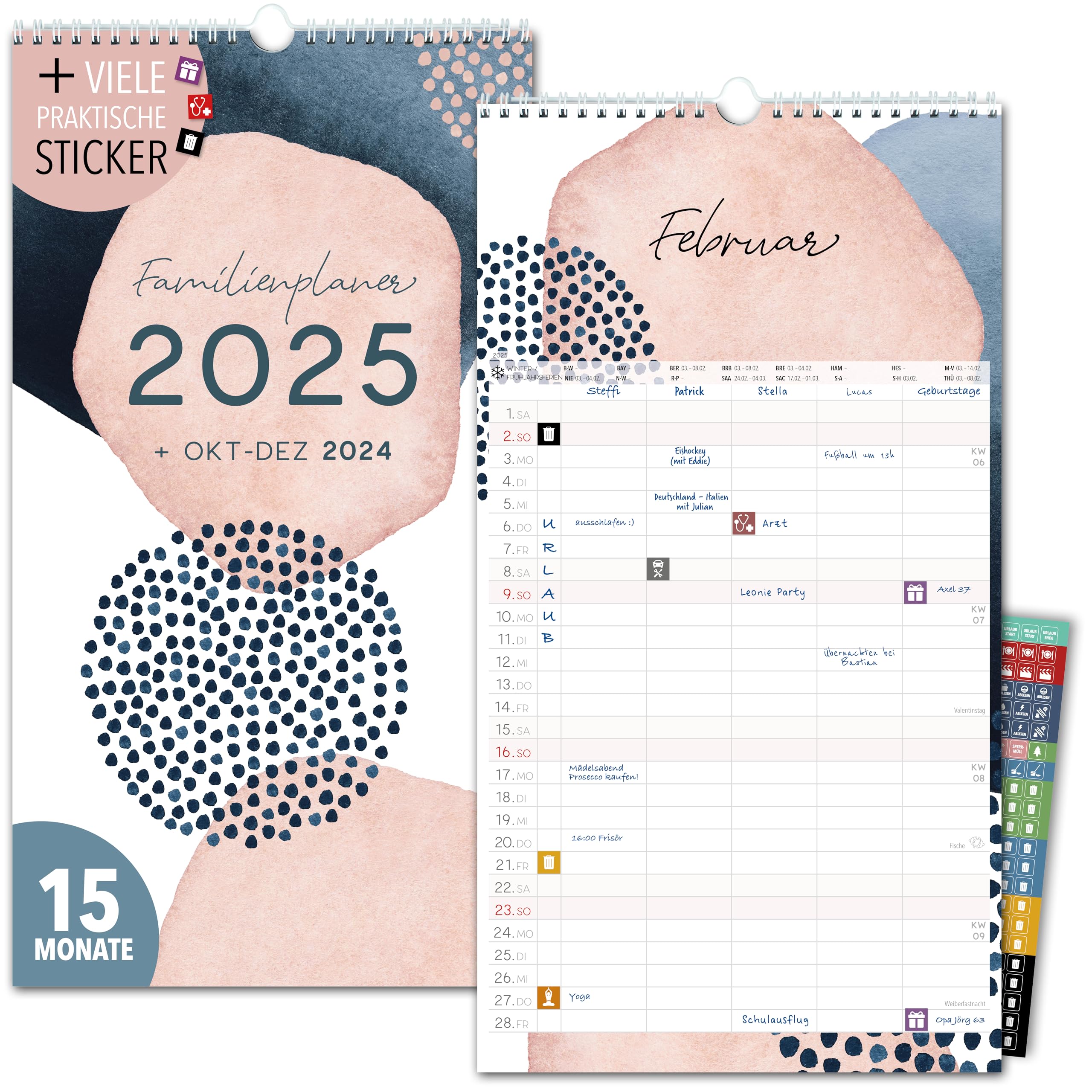 Familienkalender 2025 5 Spalten PASTELL Familienplaner 2025 und Okt-Dez 2024 Wandkalender 23 x 43cm Planer für Familie 2025 Wandplaner STICKER Recycling Urlaub, Pflanzkalender Kunst Design Boho