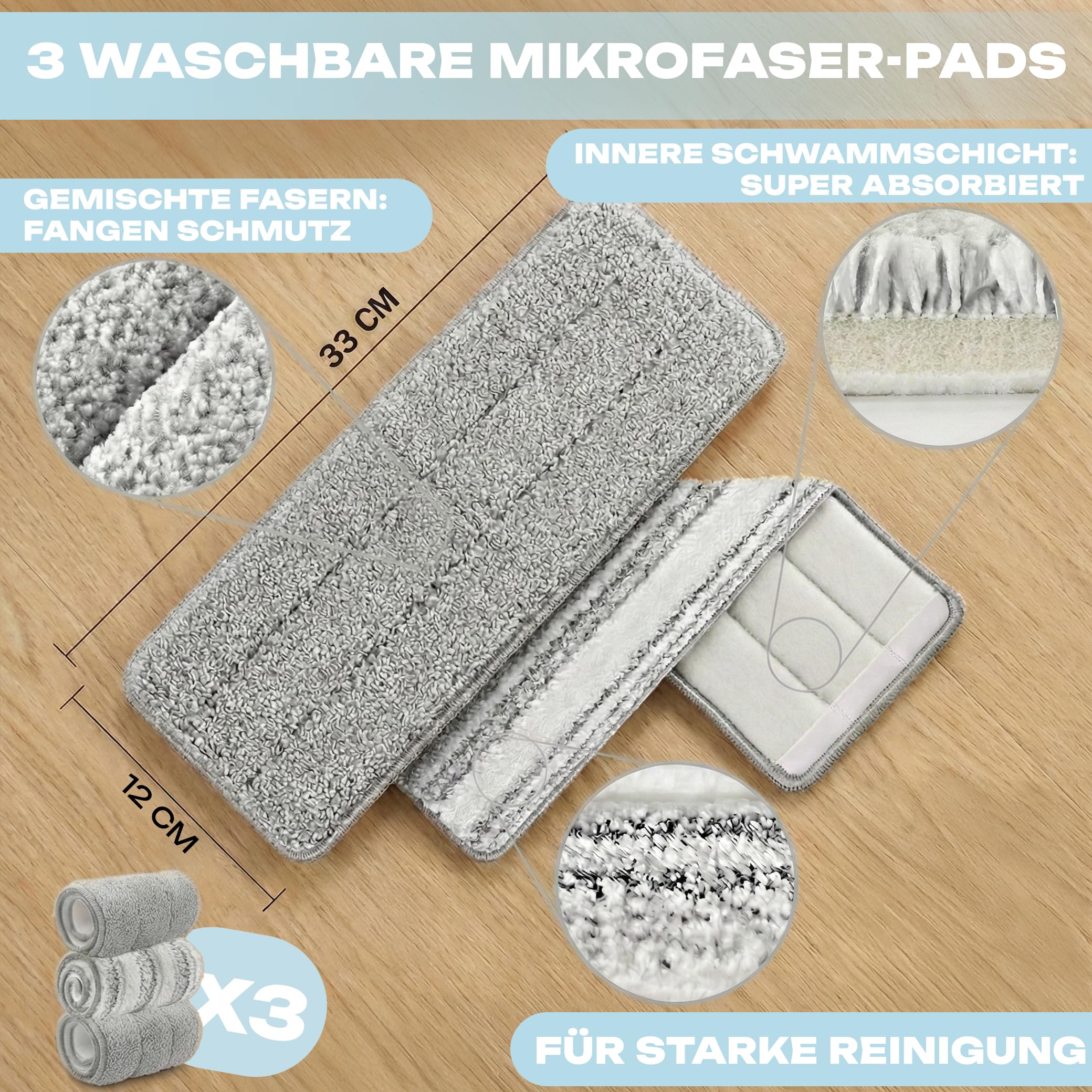 GiDeli Wischmopp und Eimer mit Auswringer-Set - Grau Flach Squeeze Mop Eimer Set für Bodenreinigung - Nass Trocken Mop für Wandreiniger mit langem Griff - Hartholz Bodenwischer mit 3 Mikrofasertüchern