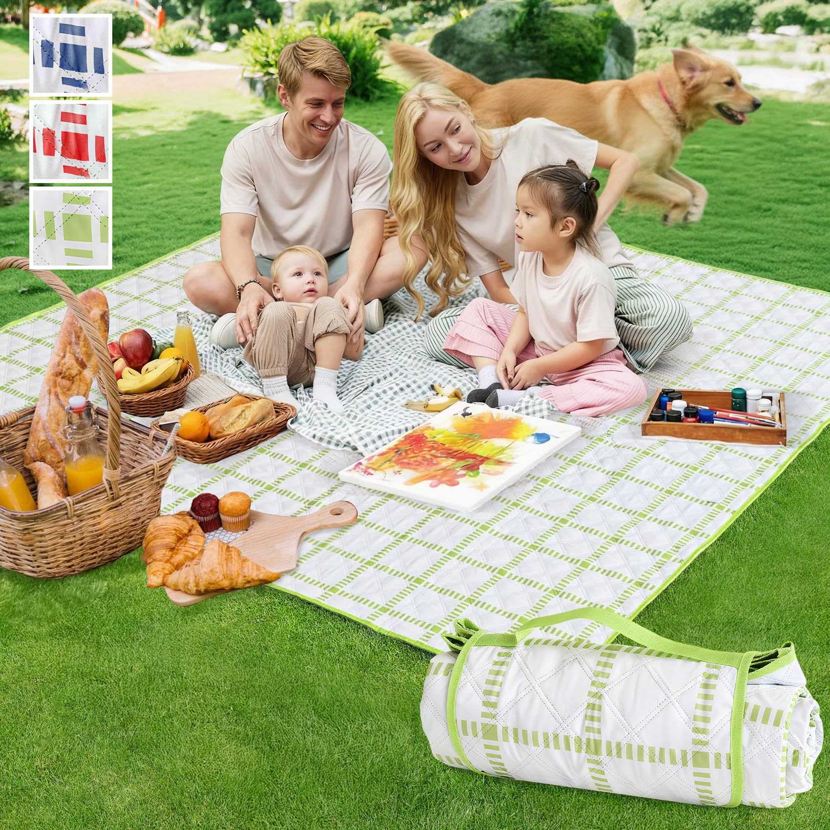 Alvantor® Extra Large Picnic Blanket, 80"x80" Waterproof Outdoor Blanket, Foldable Camping Blanket with Hook &amp; Loop Straps, Portable for Beach, Park, Travel, Sandproof, Soft &amp; Durable,Green